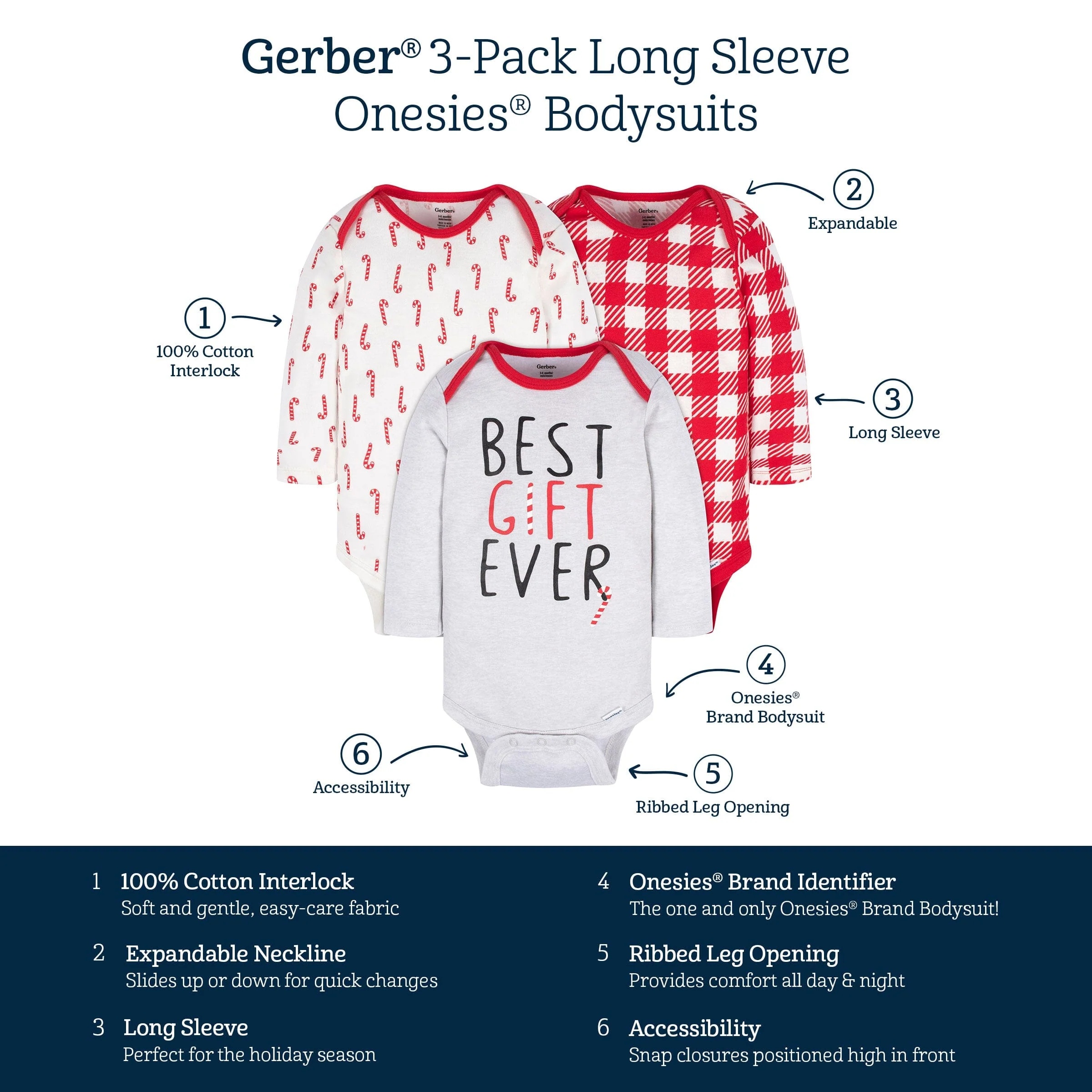 3-Pack Baby Neutral Best Gift Ever Long Sleeve Onesies® Bodysuits - Image 6