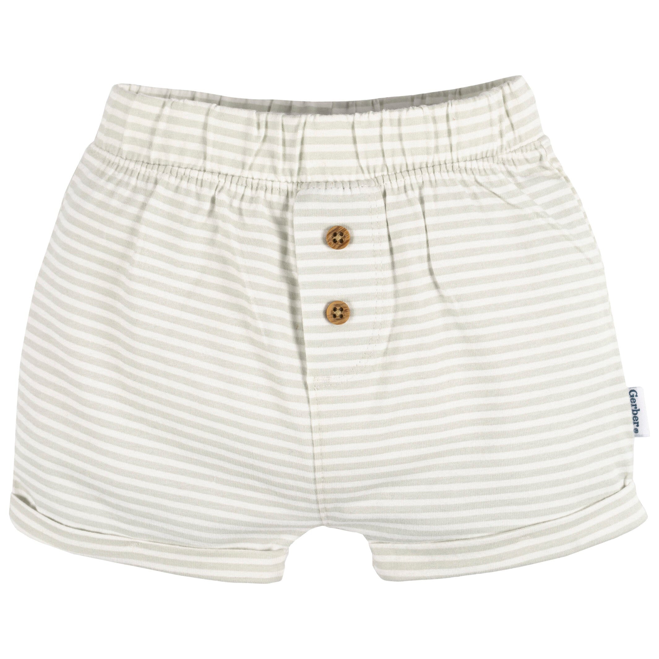 3-Pack Baby Neutral Tan Stripe, Dark Grey Heather, & Black Knit Shorts - Image 2