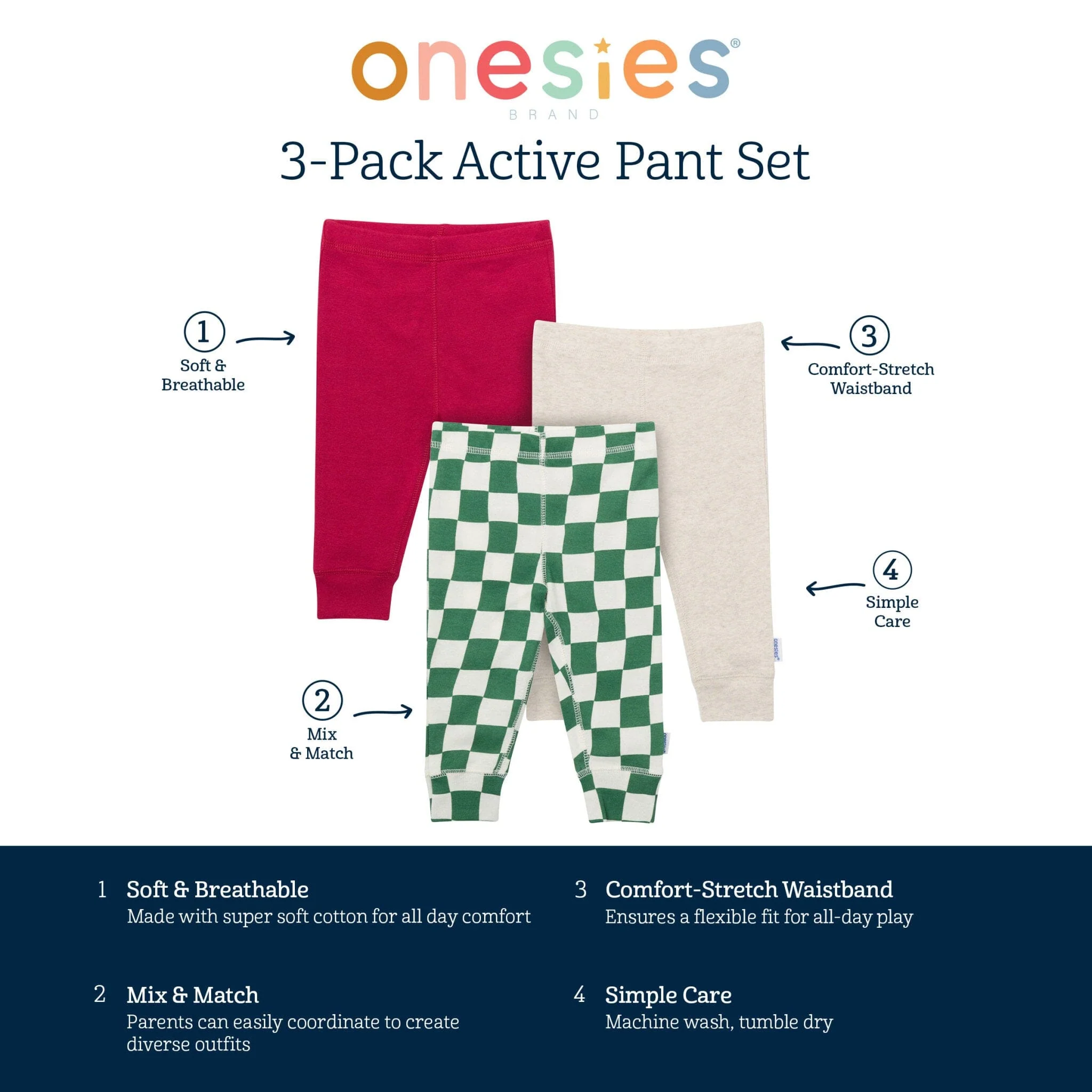 3-Pack Baby Neutral Green Checkers Active Pants - Image 9