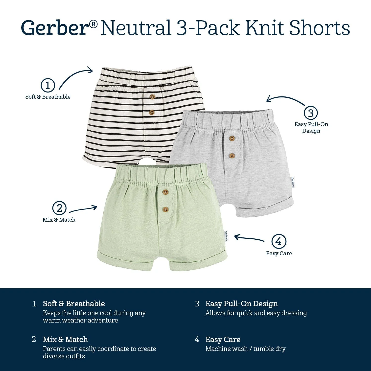 3-Pack Baby Neutral Black Stripe, Light Grey Heather, & Green Knit Shorts - Image 6