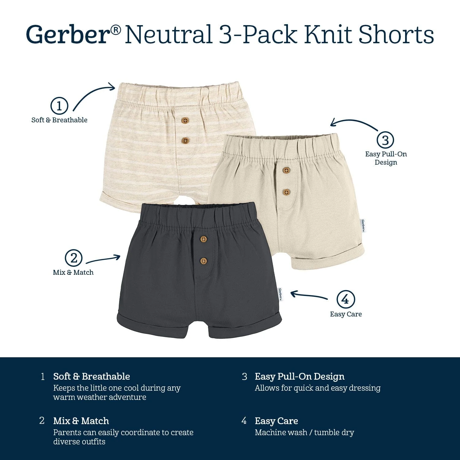 3-Pack Baby Neutral Tan Stripe, Tan, & Grey Knit Shorts - Image 7