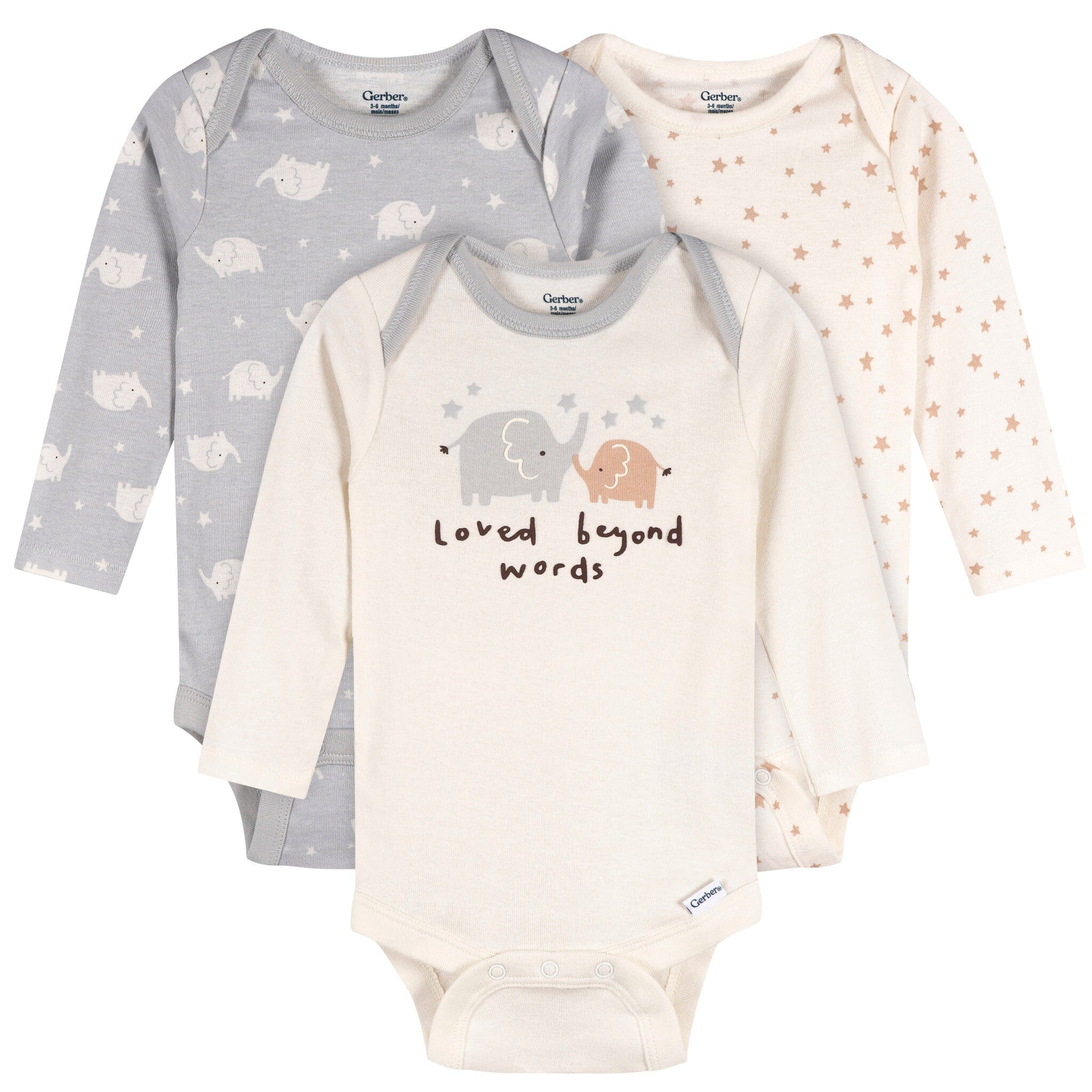 3-Pack Baby Neutral Elephant Love Long Sleeve Onesies® Bodysuits