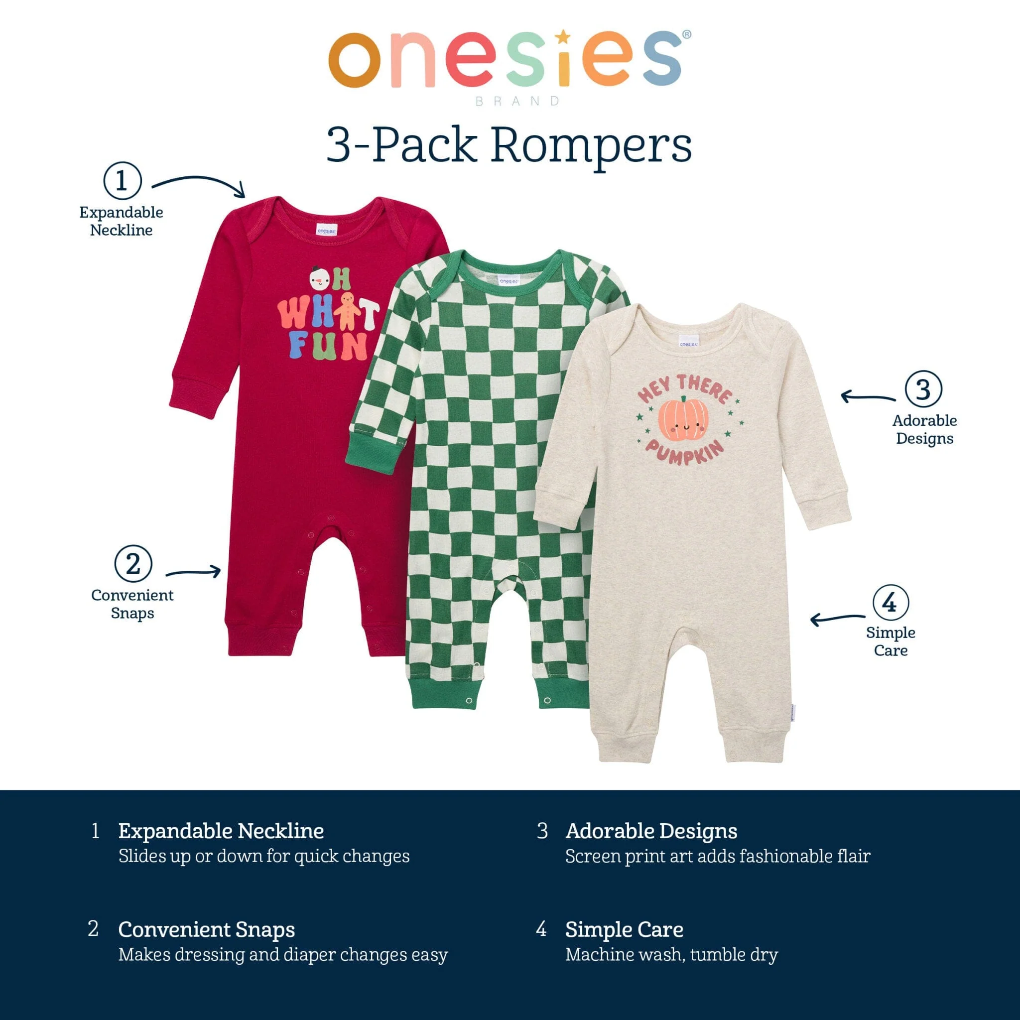 3-Pack Baby Neutral What Fun Pumpkin Lap Shoulder Rompers - Image 9