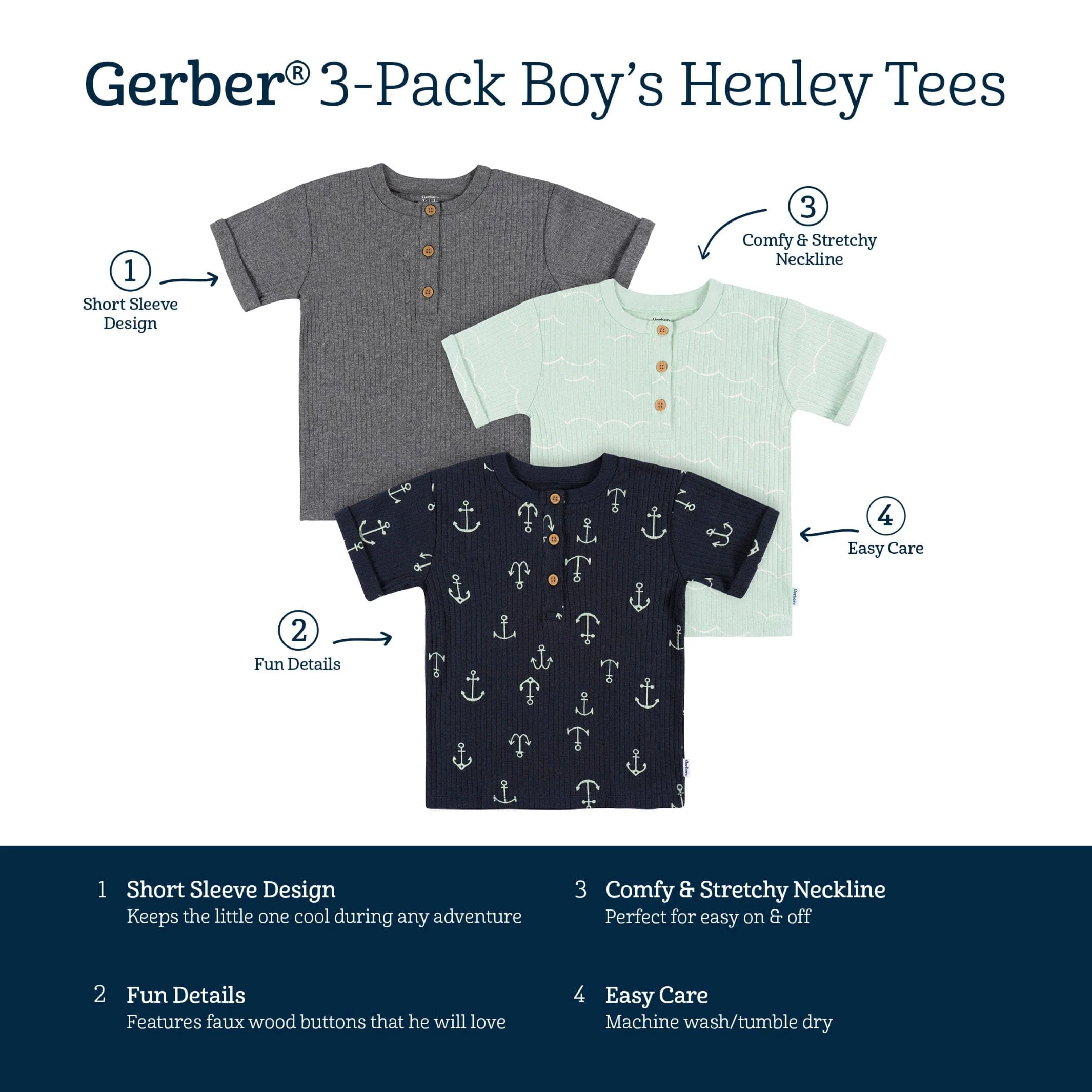 3-Pack Infant and Toddler Boys Anchor Henley T-Shirts - Image 6