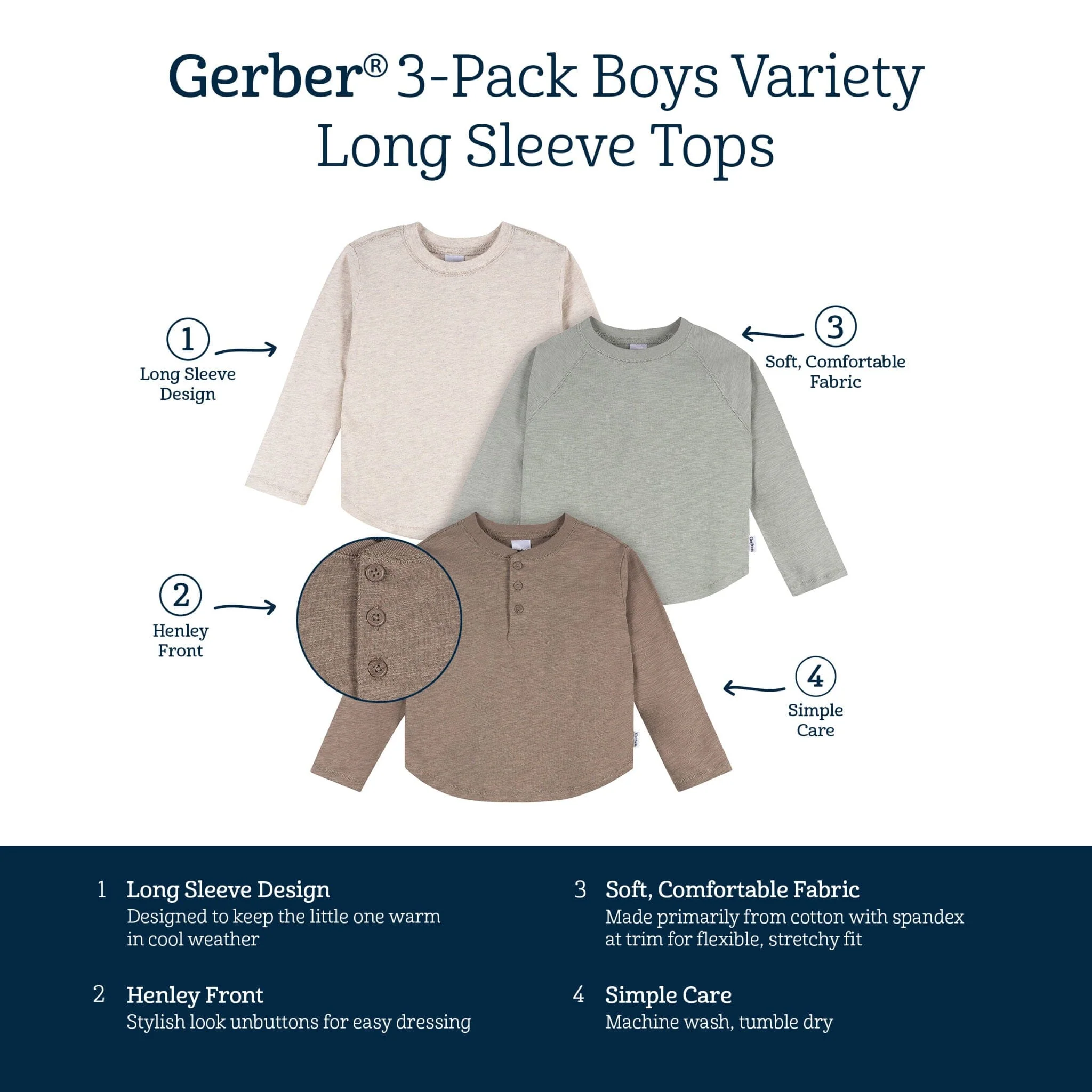 3-Pack Infant & Toddler Boys Green, Brown, & Oatmeal Long Sleeve Shirts - Image 6