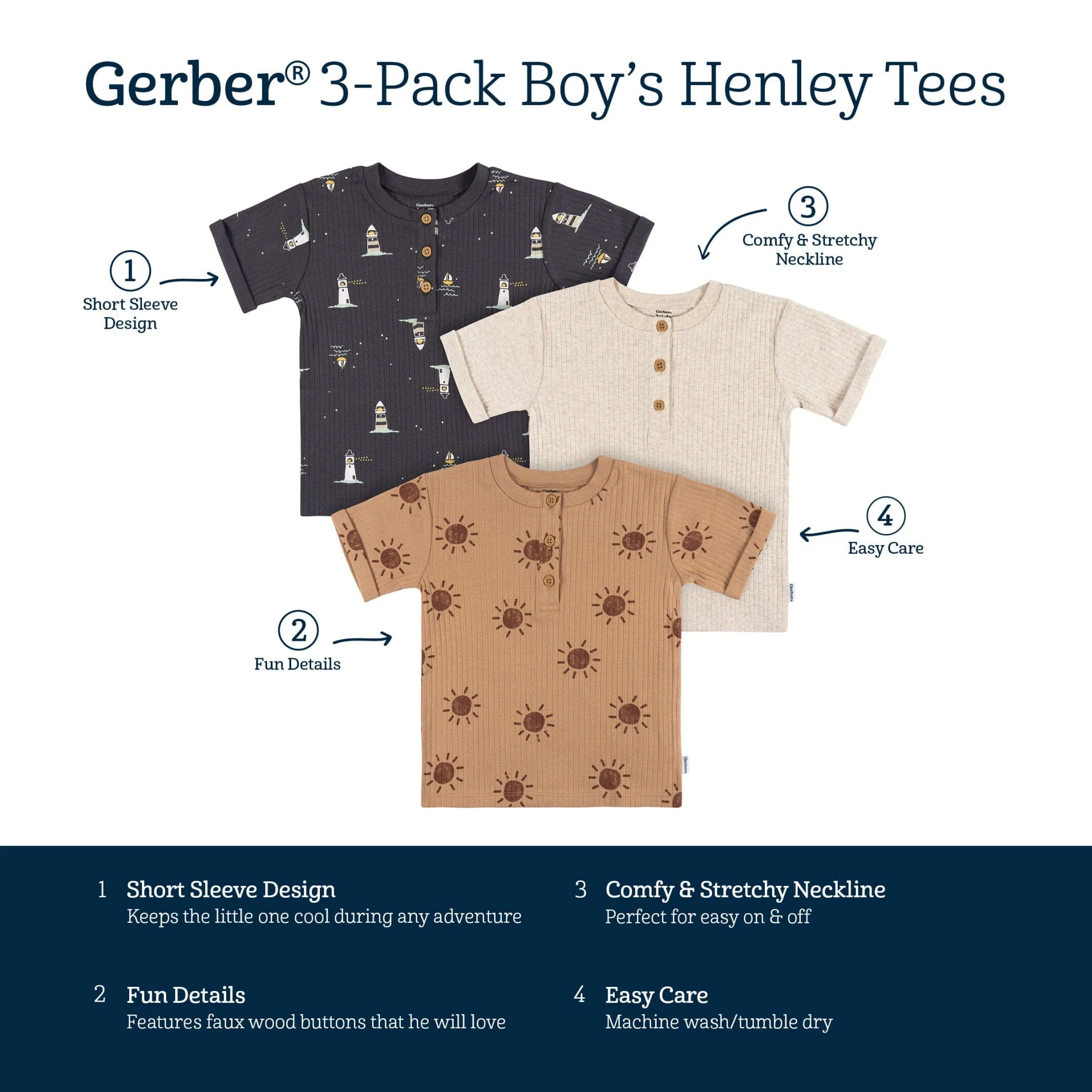 3-Pack Infant and Toddler Boys Sun & Sea Henley T-Shirts - Image 7