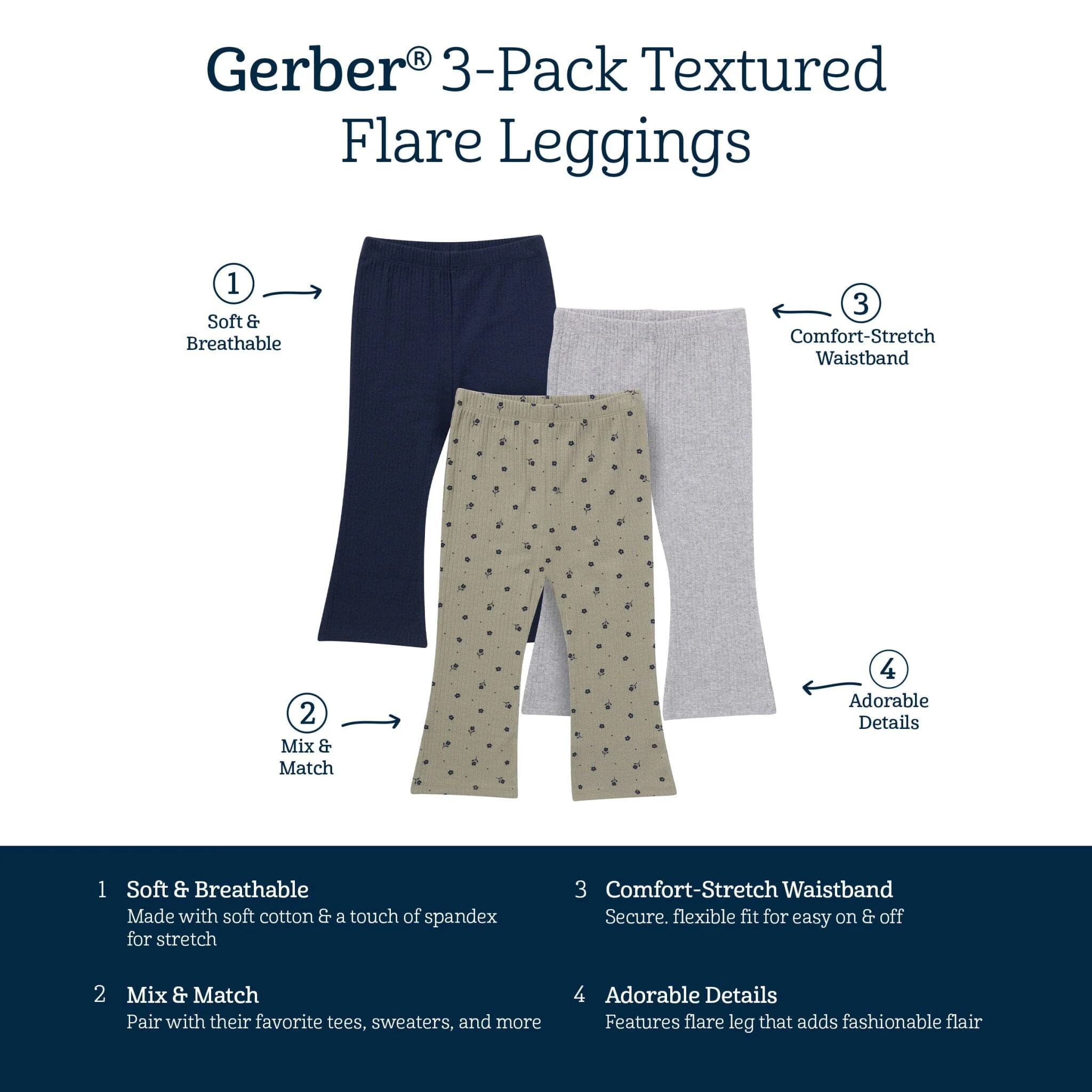 3-Pack Infant & Toddler Girls Green Daisies, Blue and Gray Ribbed Flare Leggings - Image 5