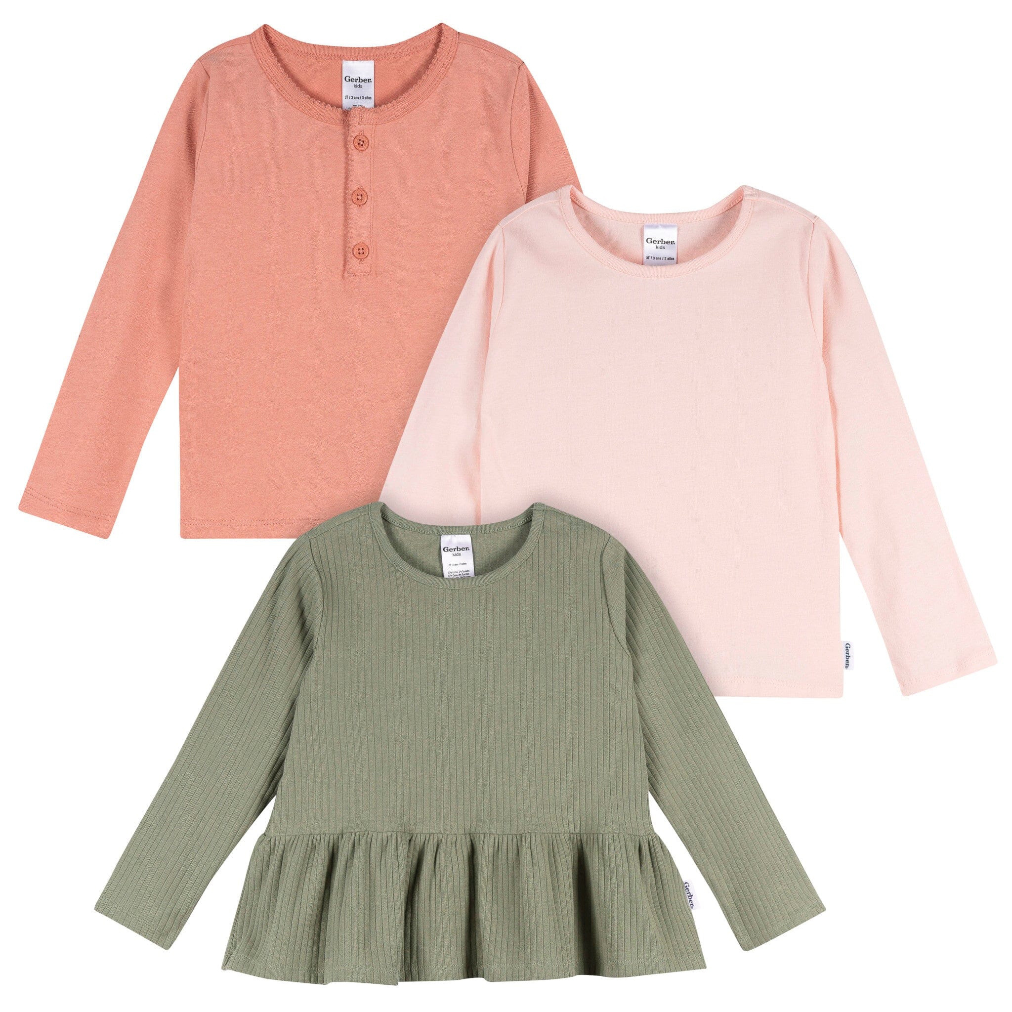 3-Pack Infant & Toddler Girls Green, Pink, & Coral Long Sleeve Shirts