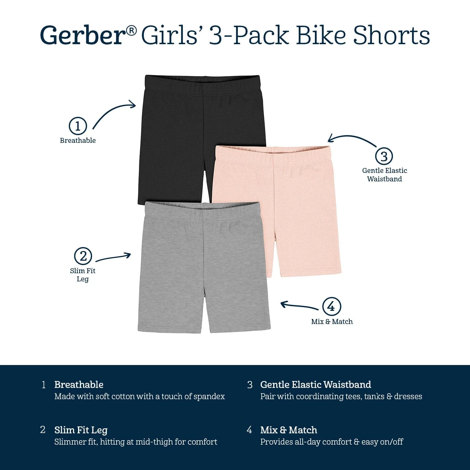 3-Pack Toddler Girls Black, Pink, & Grey Bike Shorts - Image 6