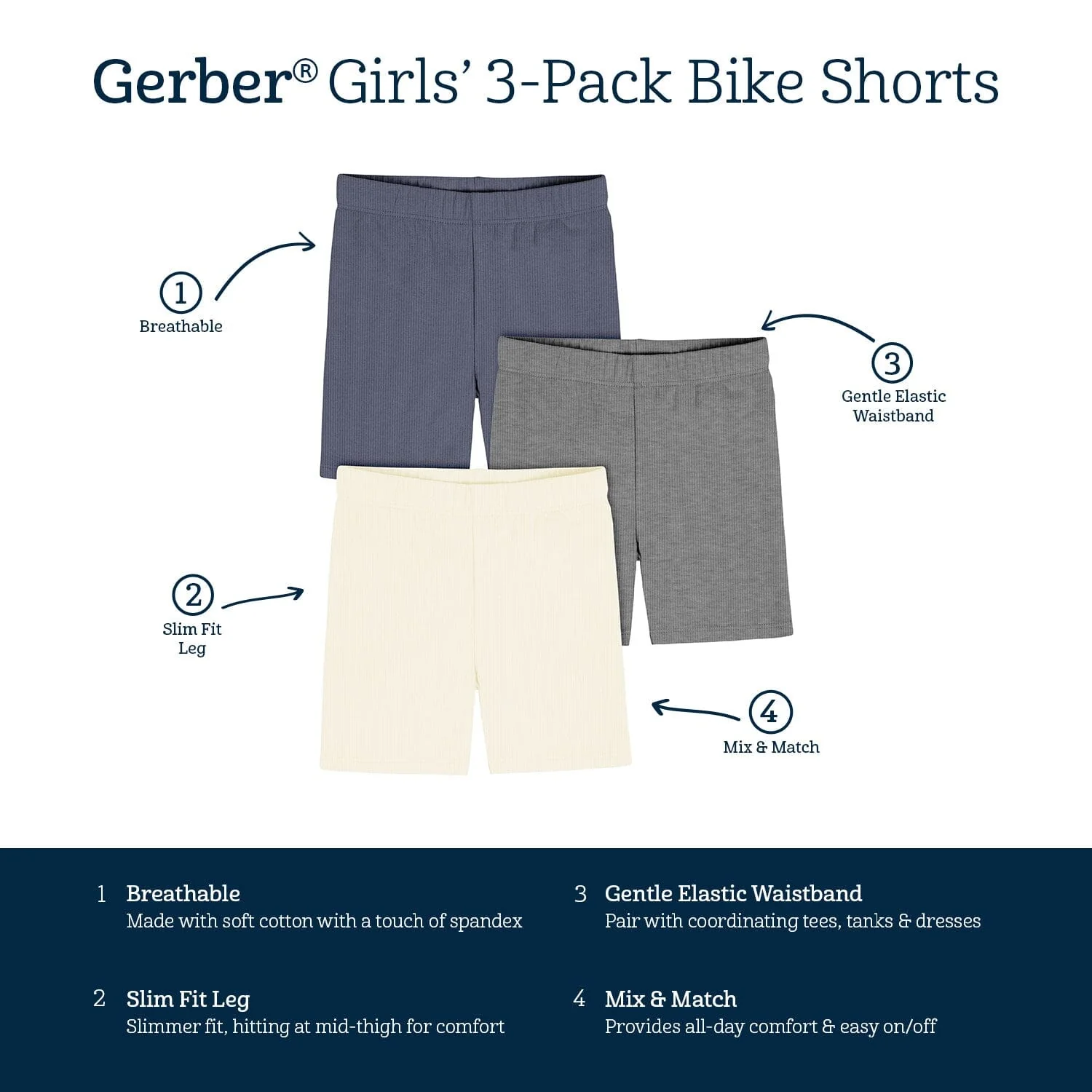 3-Pack Toddler Girls Navy, Dark Gray Heather, & Ivory Bike Shorts - Image 8