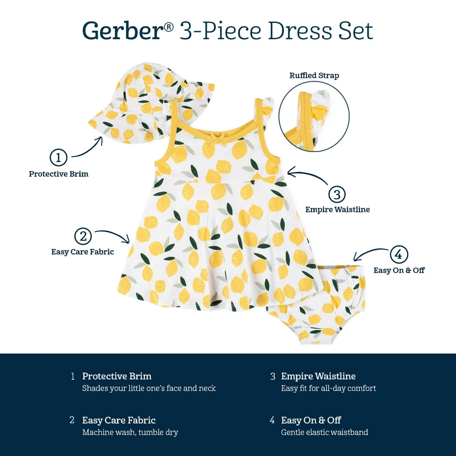 3-Piece Baby & Toddler Girls Lemon Squeeze Dress, Diaper Cover & Sun Hat Set - Image 10