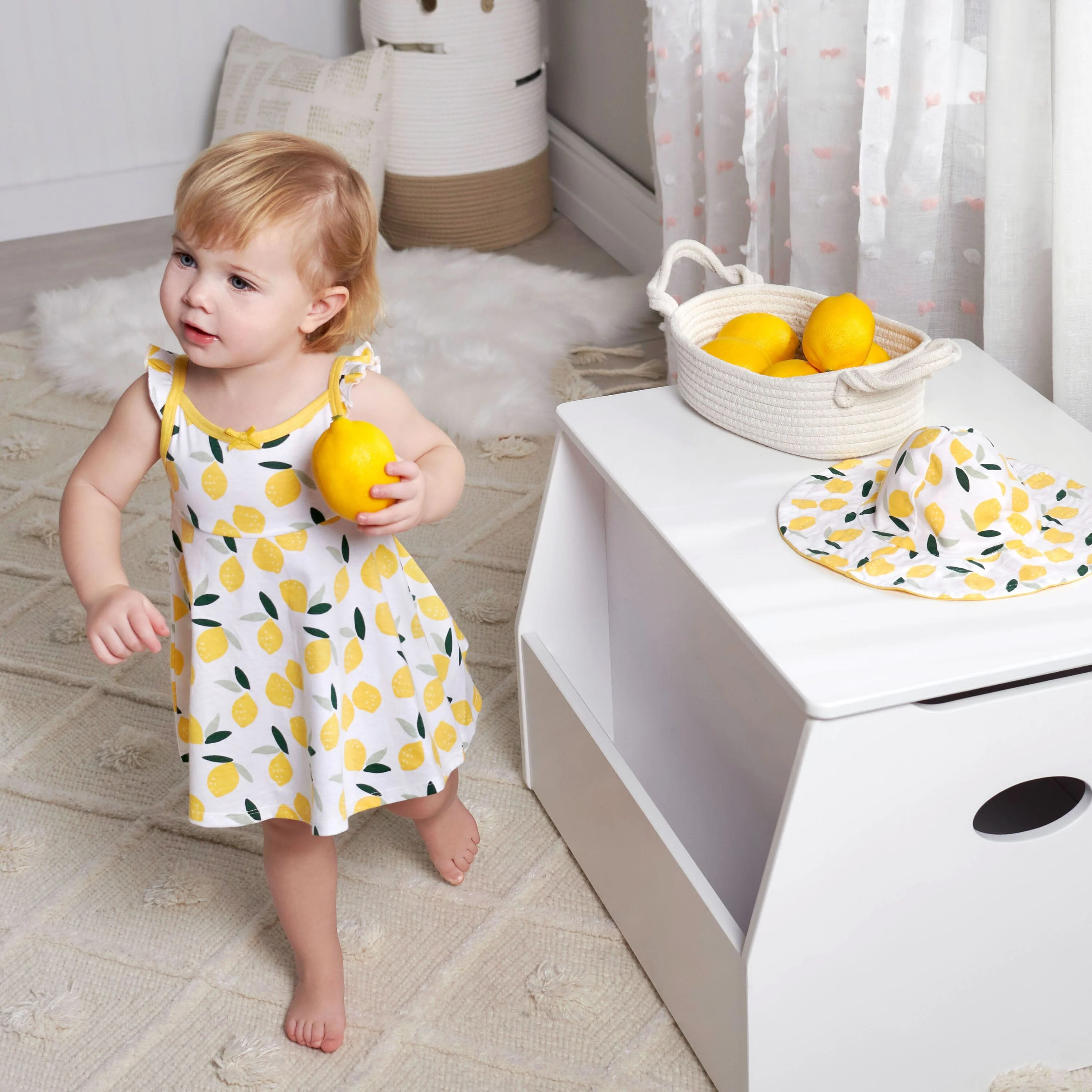3-Piece Baby & Toddler Girls Lemon Squeeze Dress, Diaper Cover & Sun Hat Set - Image 2