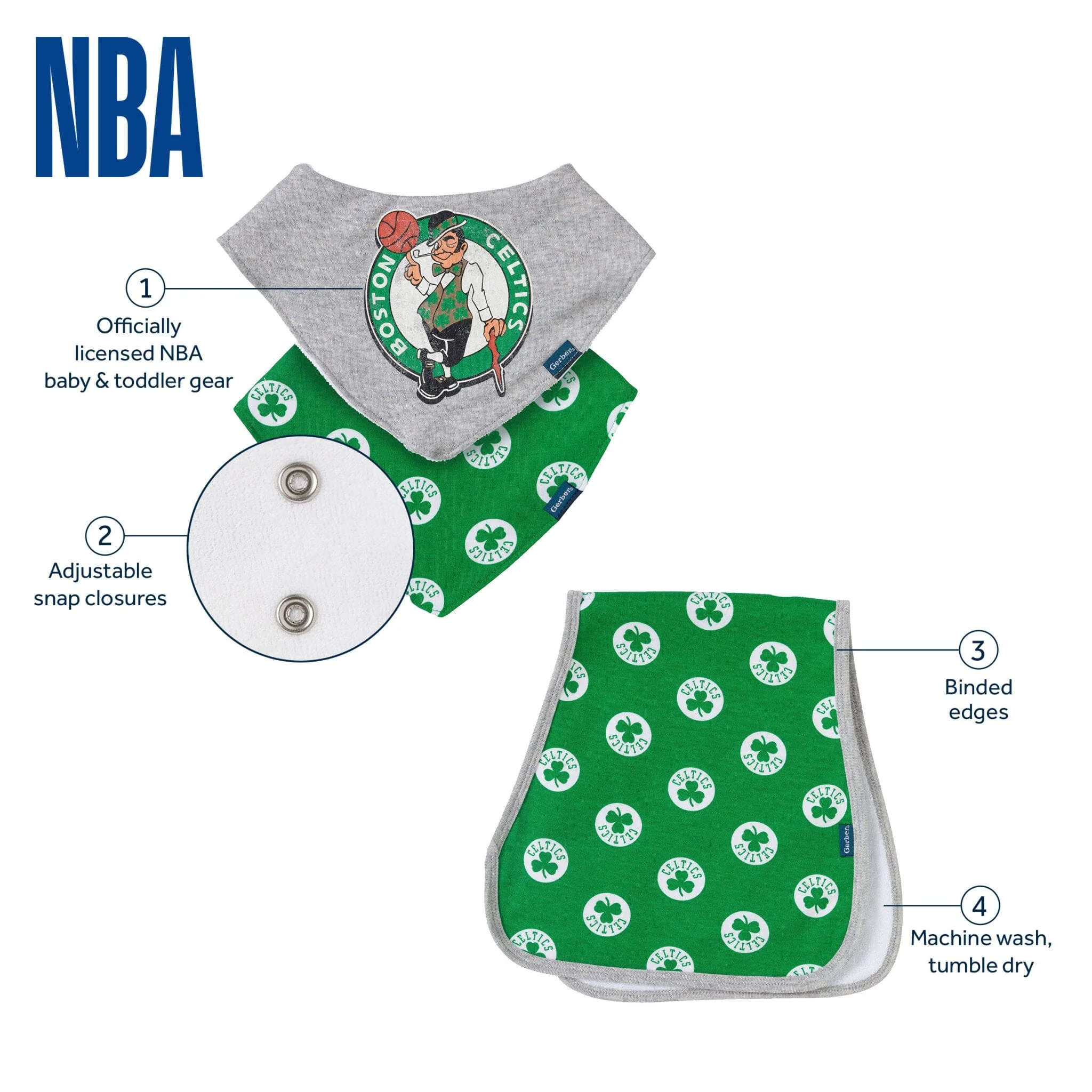 3-Piece Baby Neutral Boston Celtics Bandana Bib and Burp Cloth Set - Image 5