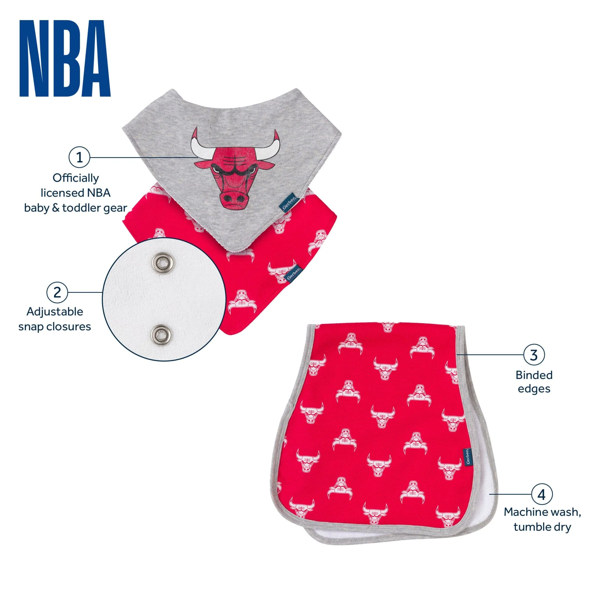 3-Piece Baby Neutral Chicago Bulls Bandana Bib and Burp Cloth Set - Image 5