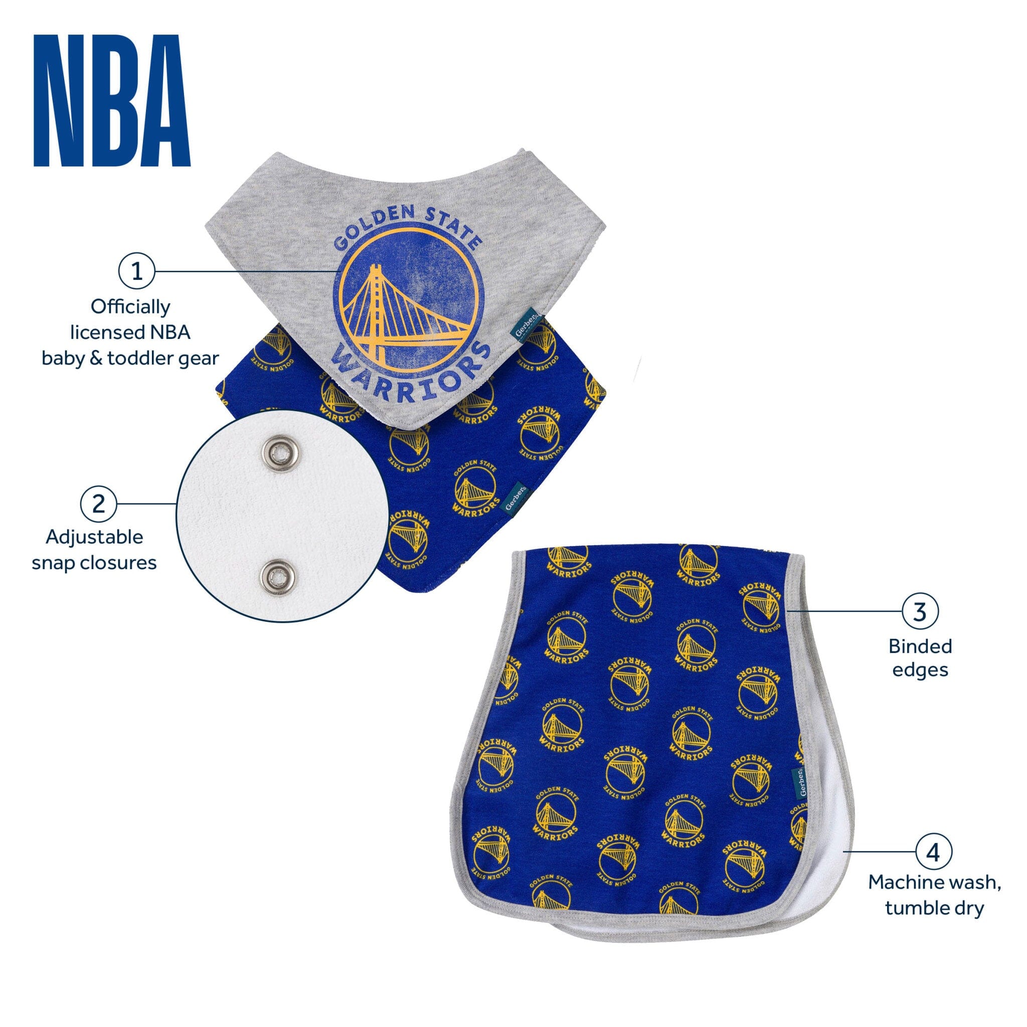 3-Piece Baby Neutral Golden State Warriors Bandana Bib and Burp Cloth Set - Image 5