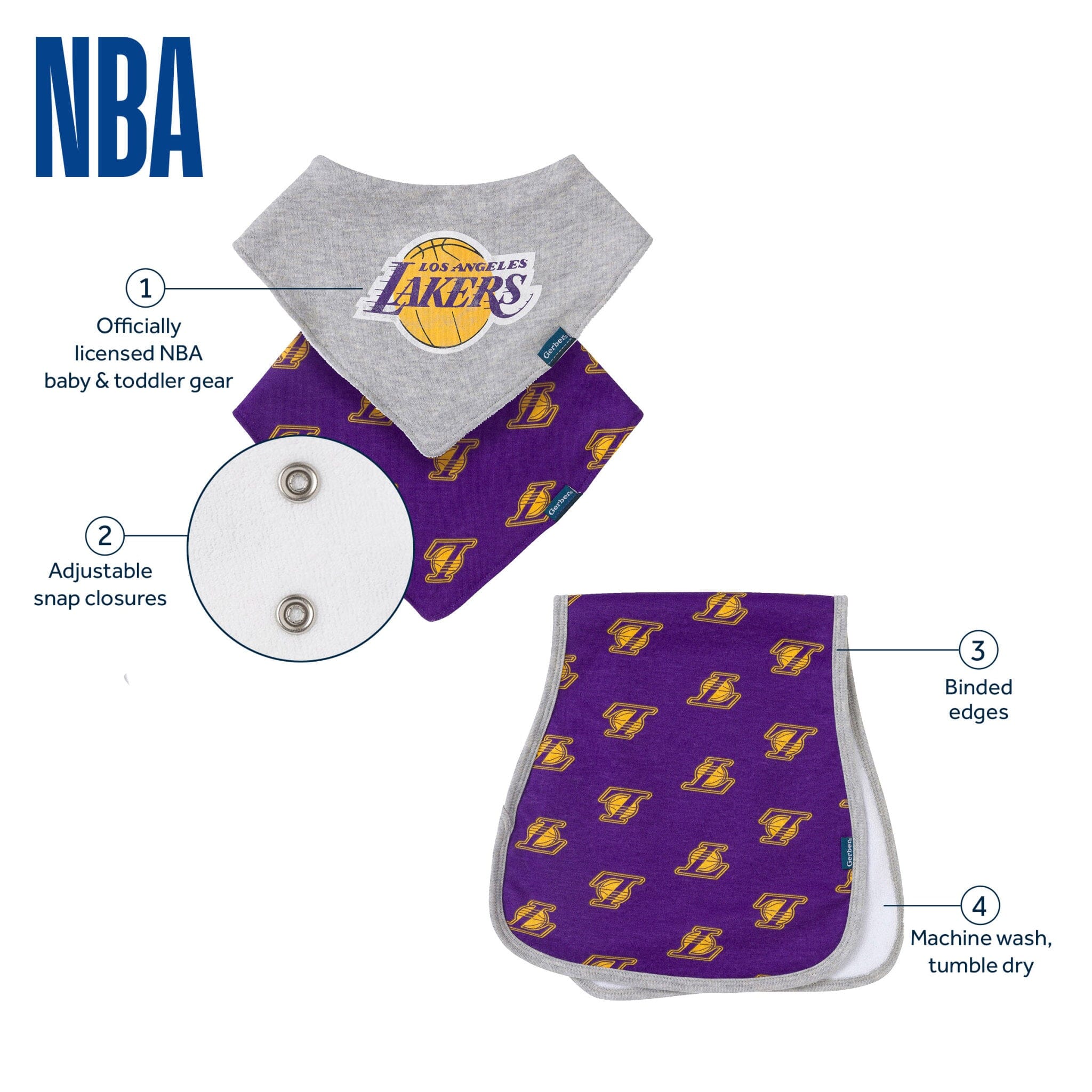 3-Piece Baby Neutral Los Angeles Lakers Bandana Bib and Burp Cloth Set - Image 5