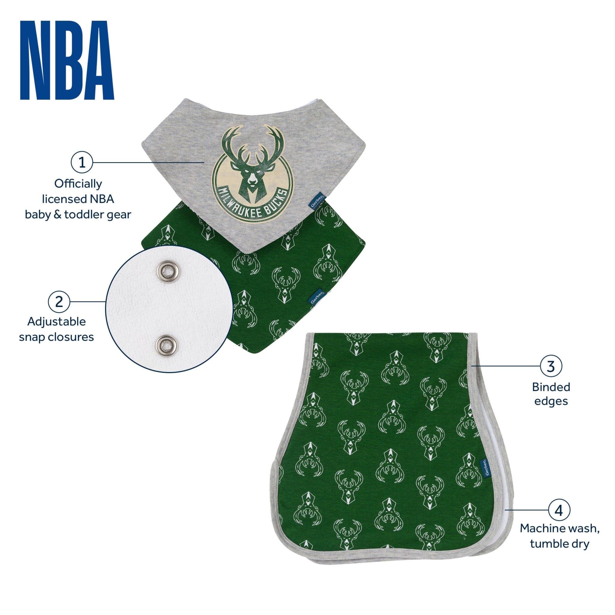 3-Piece Baby Neutral Milwaukee Bucks Bandana Bib and Burp Cloth Set - Image 5