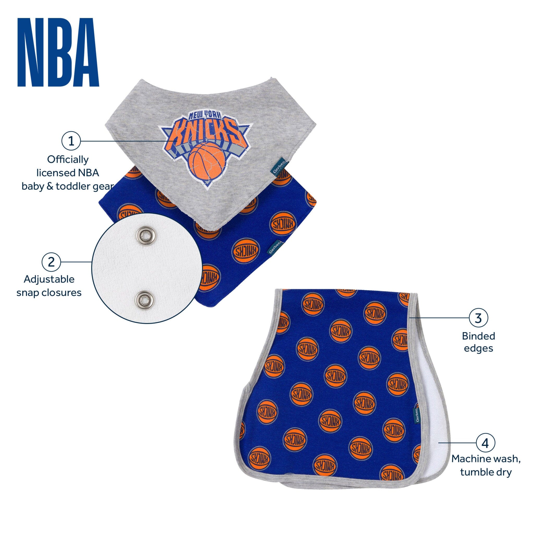 3-Piece Baby Neutral New York Knicks Bandana Bib and Burp Cloth Set - Image 5