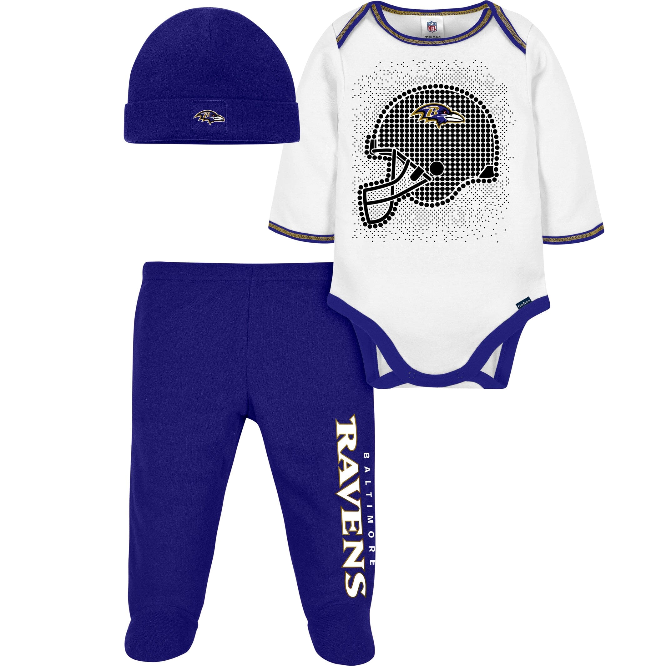 3-Piece Baby Boys Baltimore Ravens Bodysuit, Footed Pant, & Cap Set