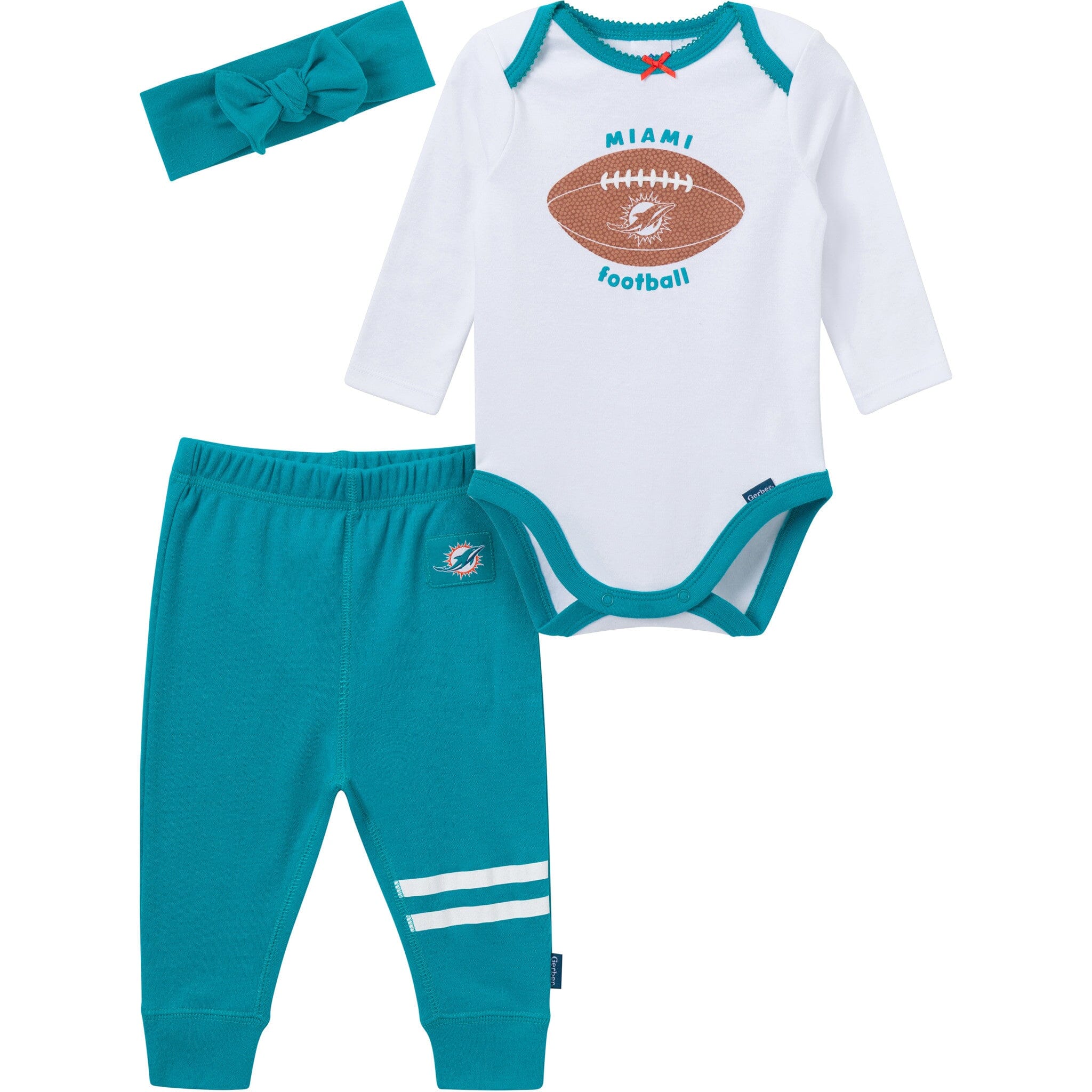 3-Piece Baby Girls Miami Dolphins Bodysuit, Pants & Headband Set