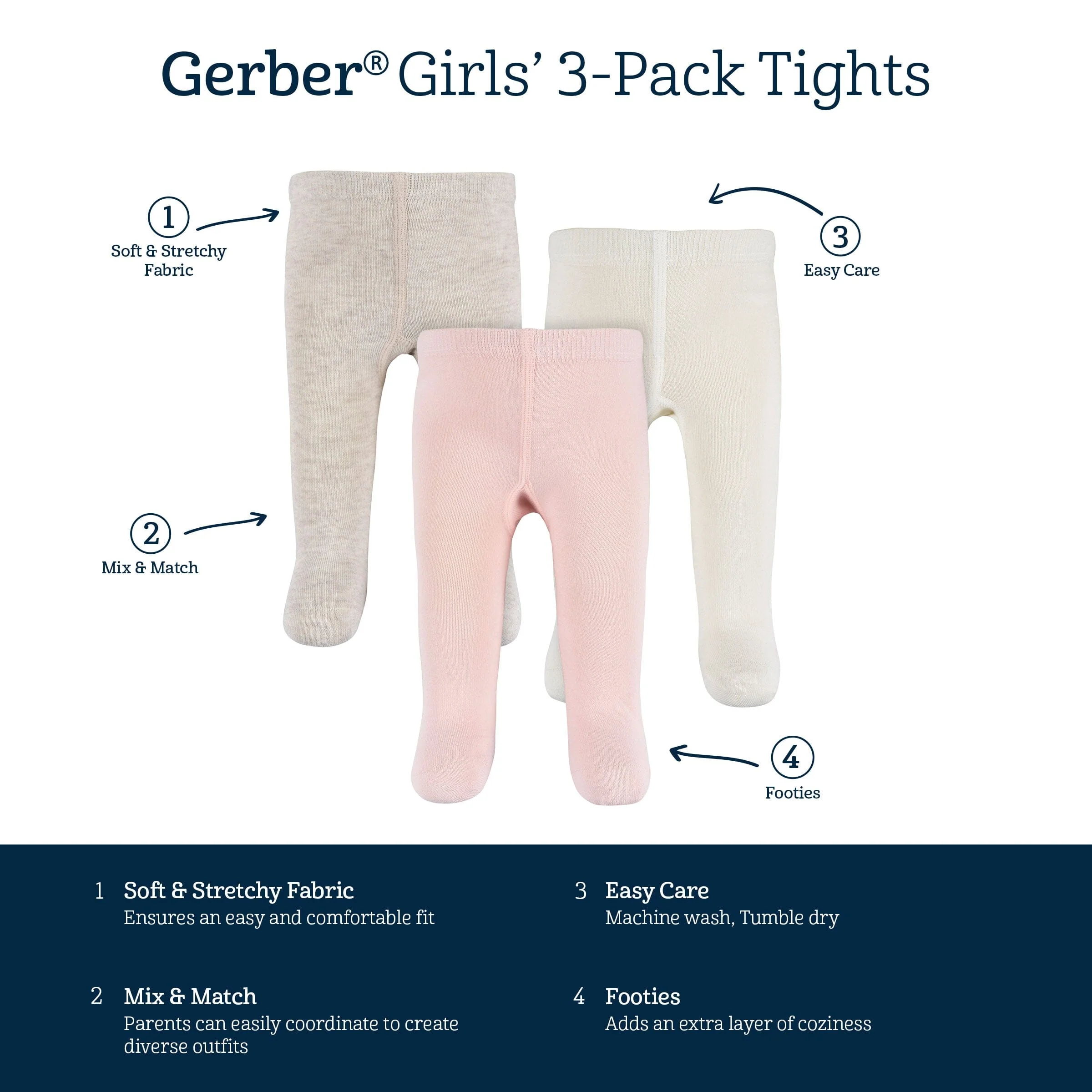 3-Pack Baby and Toddler Girls Oatmeal Heather, Ivory, and Pink Tights - Image 7