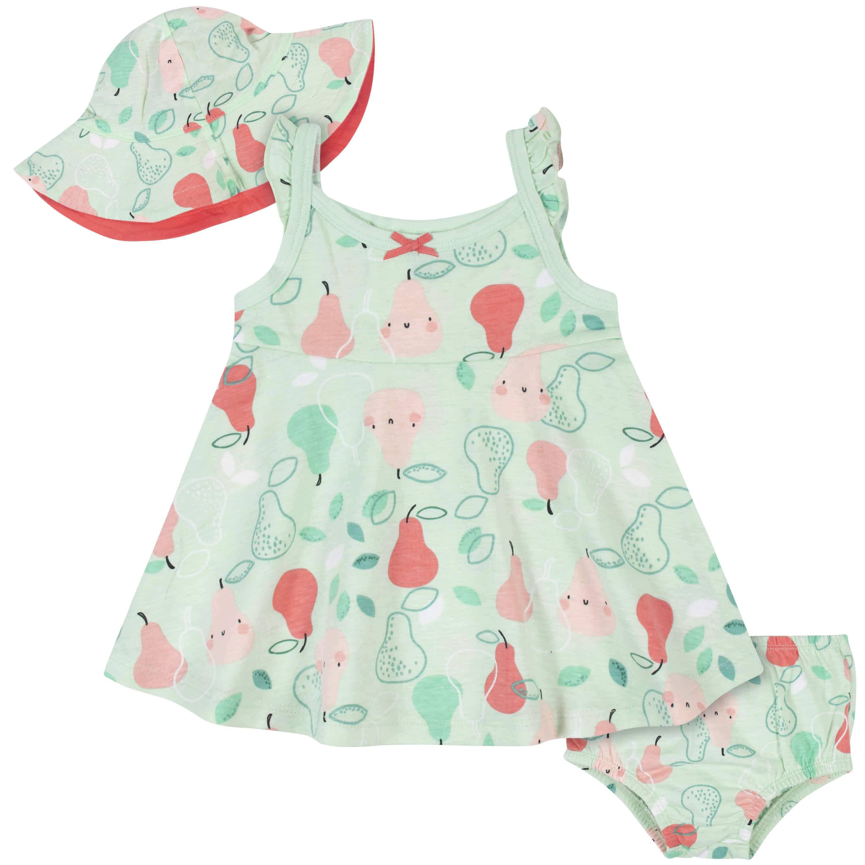 3-Piece Toddler Girls Pear Dress, Diaper Cover & Sun Hat Set, 5T