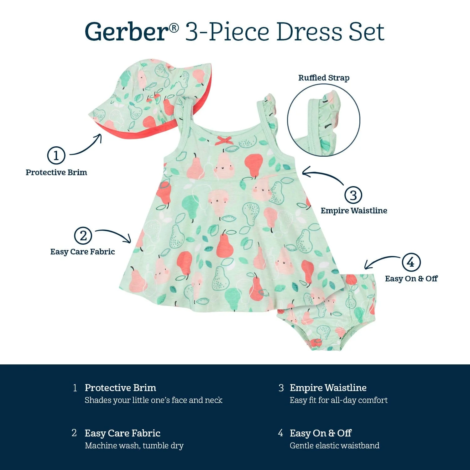 3-Piece Toddler Girls Pear Dress, Diaper Cover & Sun Hat Set, 5T - Image 6