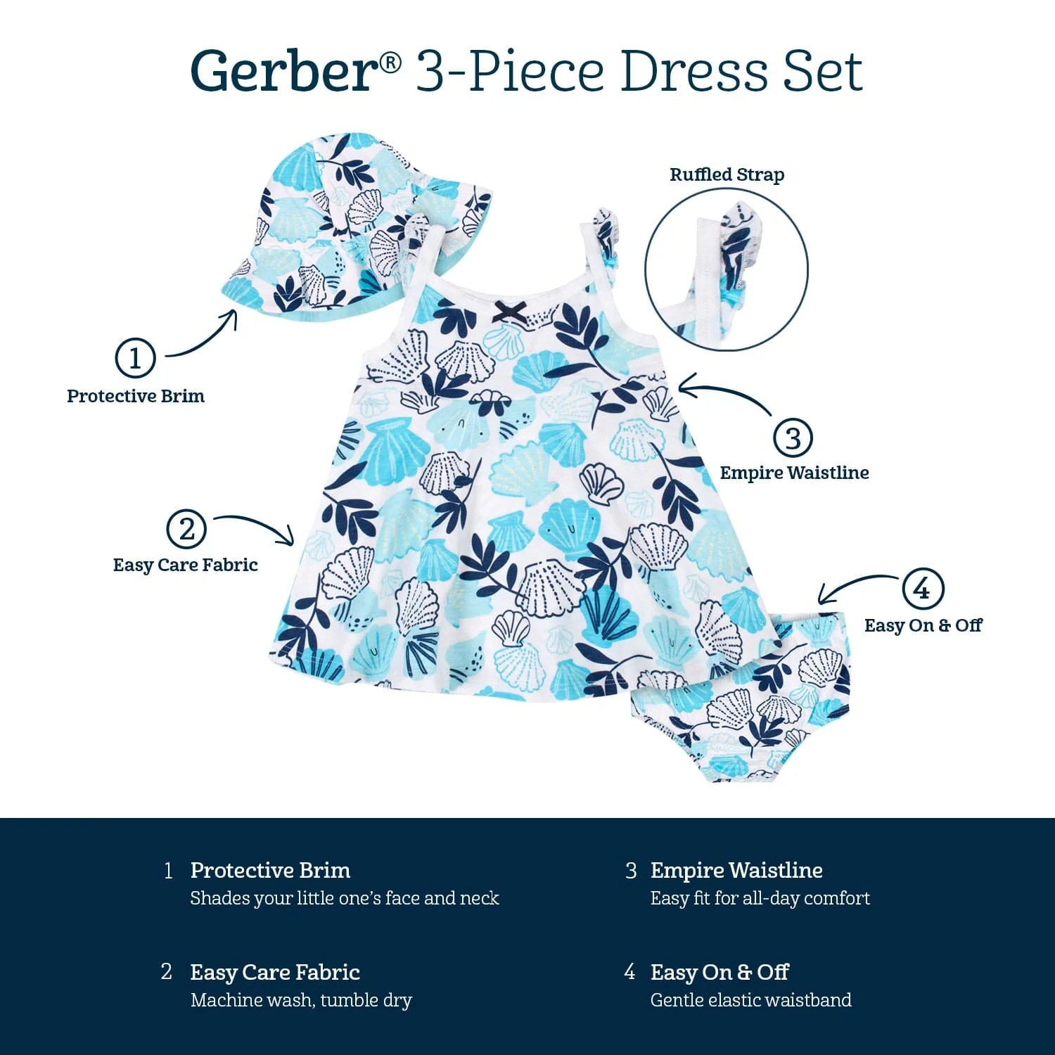 3-Piece Baby & Toddler Girls Sea Shells Dress, Diaper Cover & Sun Hat Set - Image 6