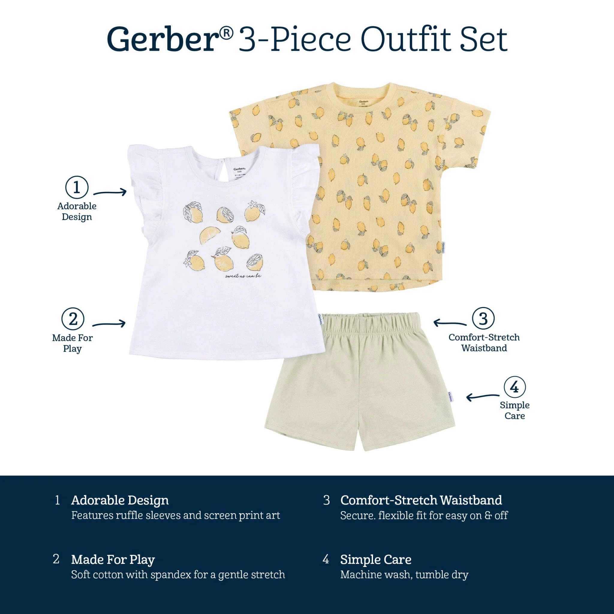 3-Piece Infant & Toddler Girls Lemons Shirts and Shorts Set - Image 12