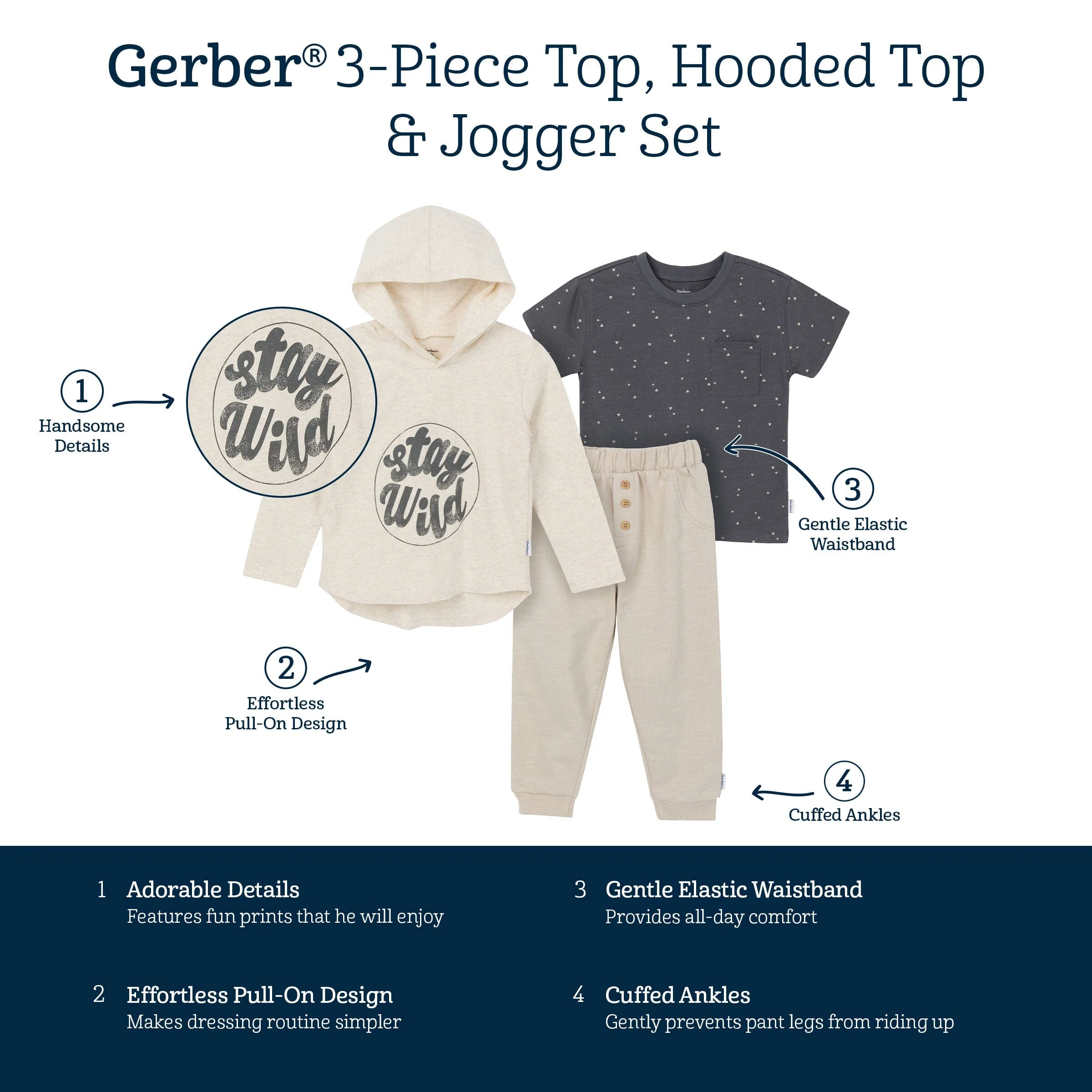 3-Piece Toddler Boys Stay Wild Tee, Hooded Top and Joggers Set - Image 8