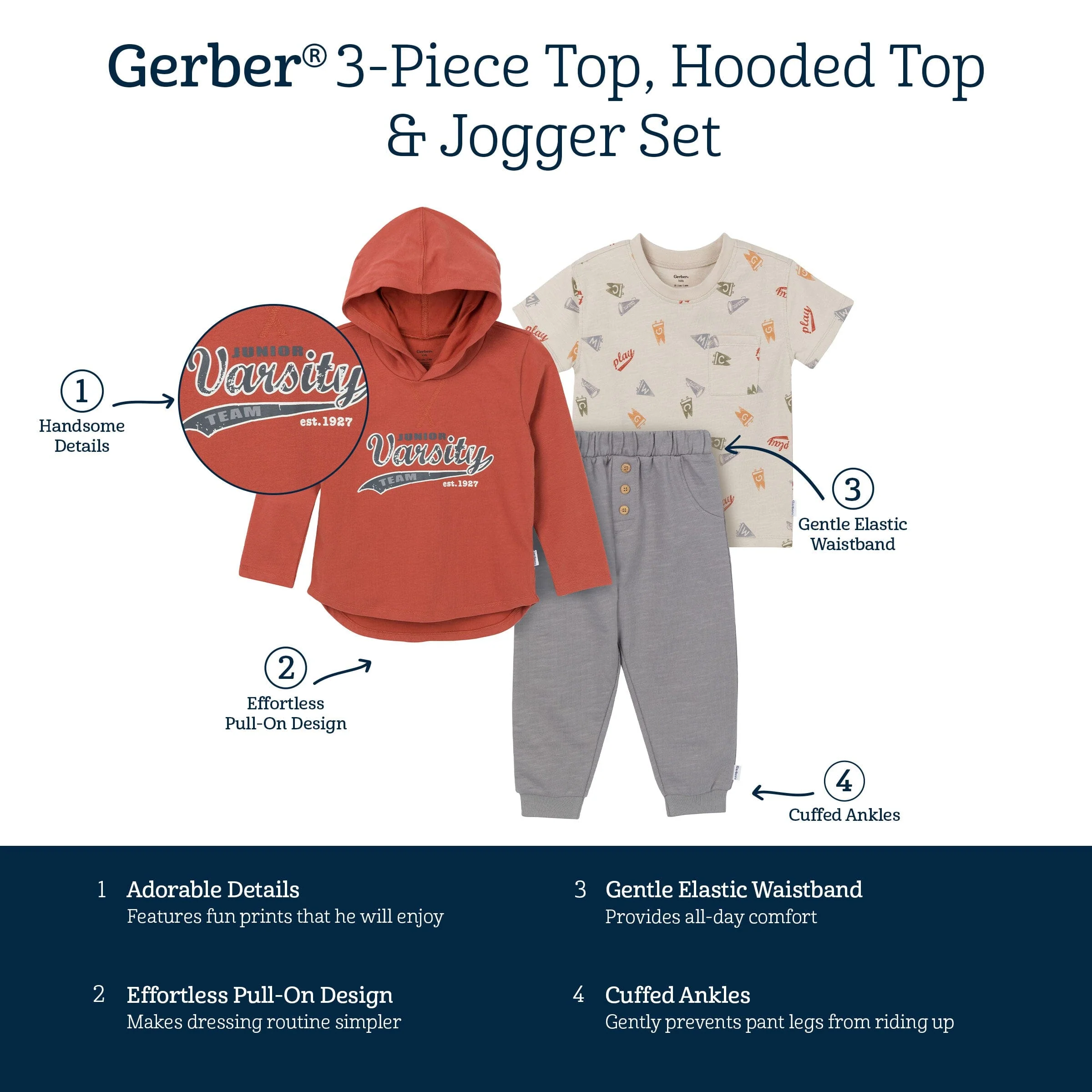 3-Piece Toddler Boys Varsity Tee, Hooded Top and Joggers Set - Image 9