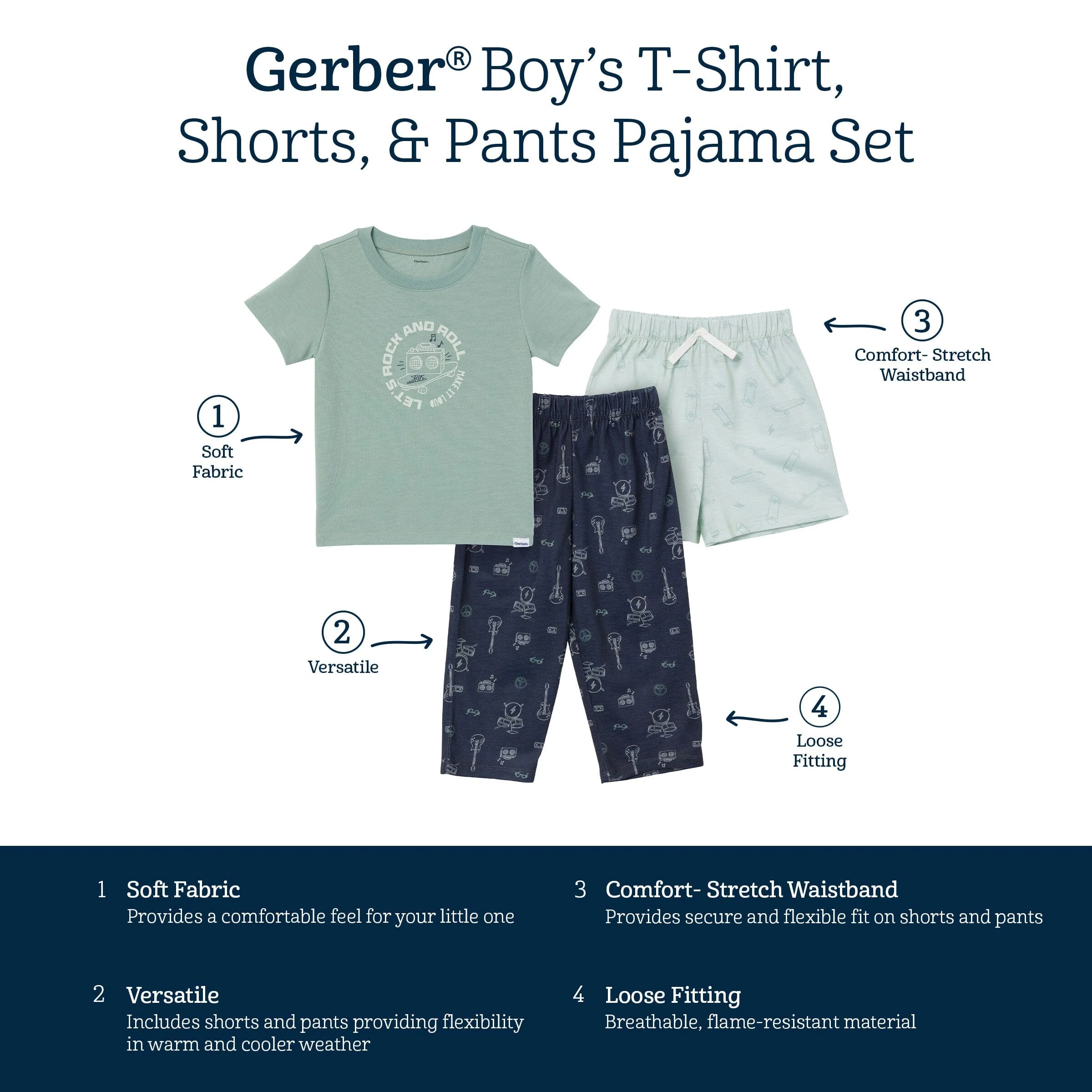 3-Piece Toddler Boys Rock & Roll T-Shirt, Shorts & Pants Pajama Set - Image 8