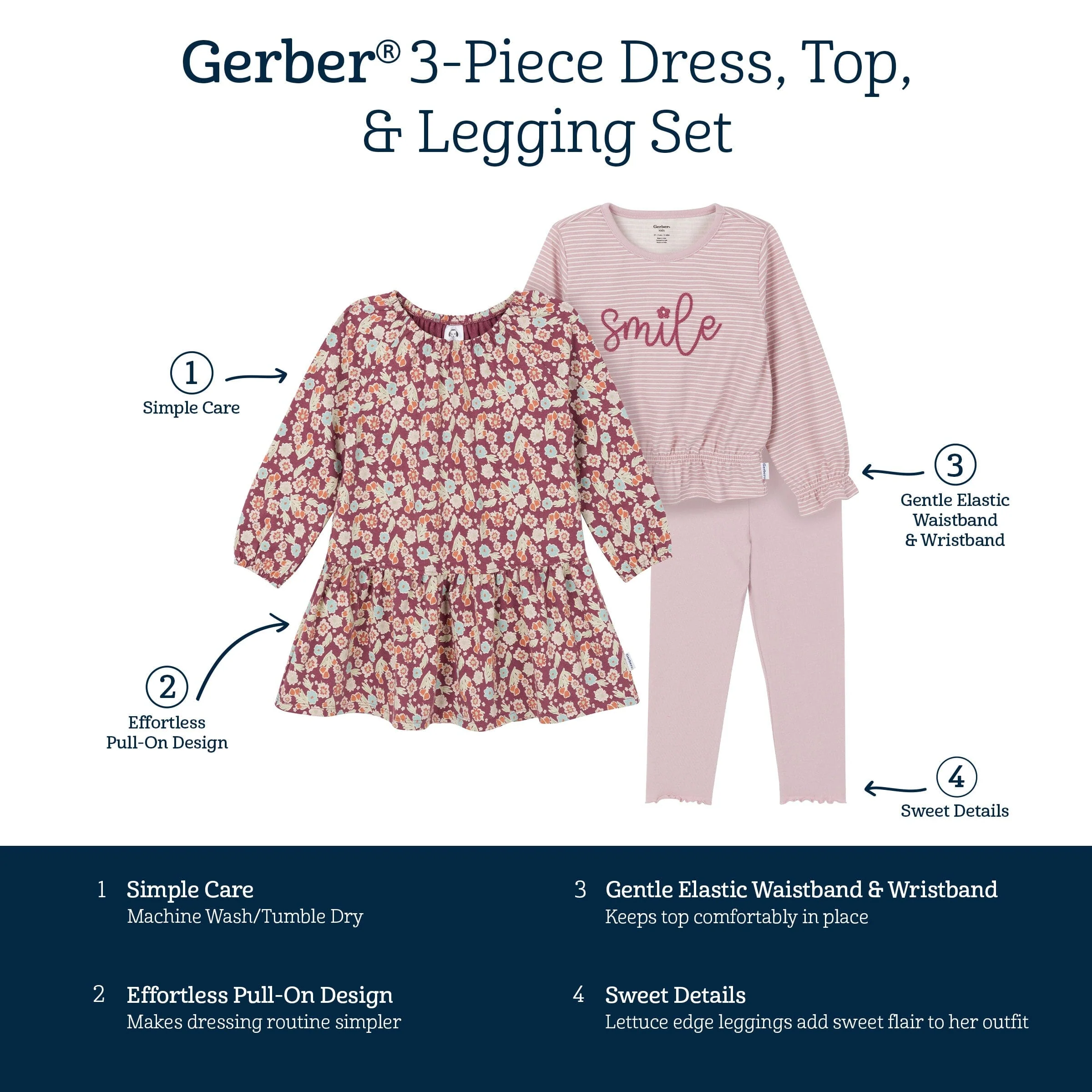 3-Piece Toddler Girls Pink Dress, Top and Legging - Image 9