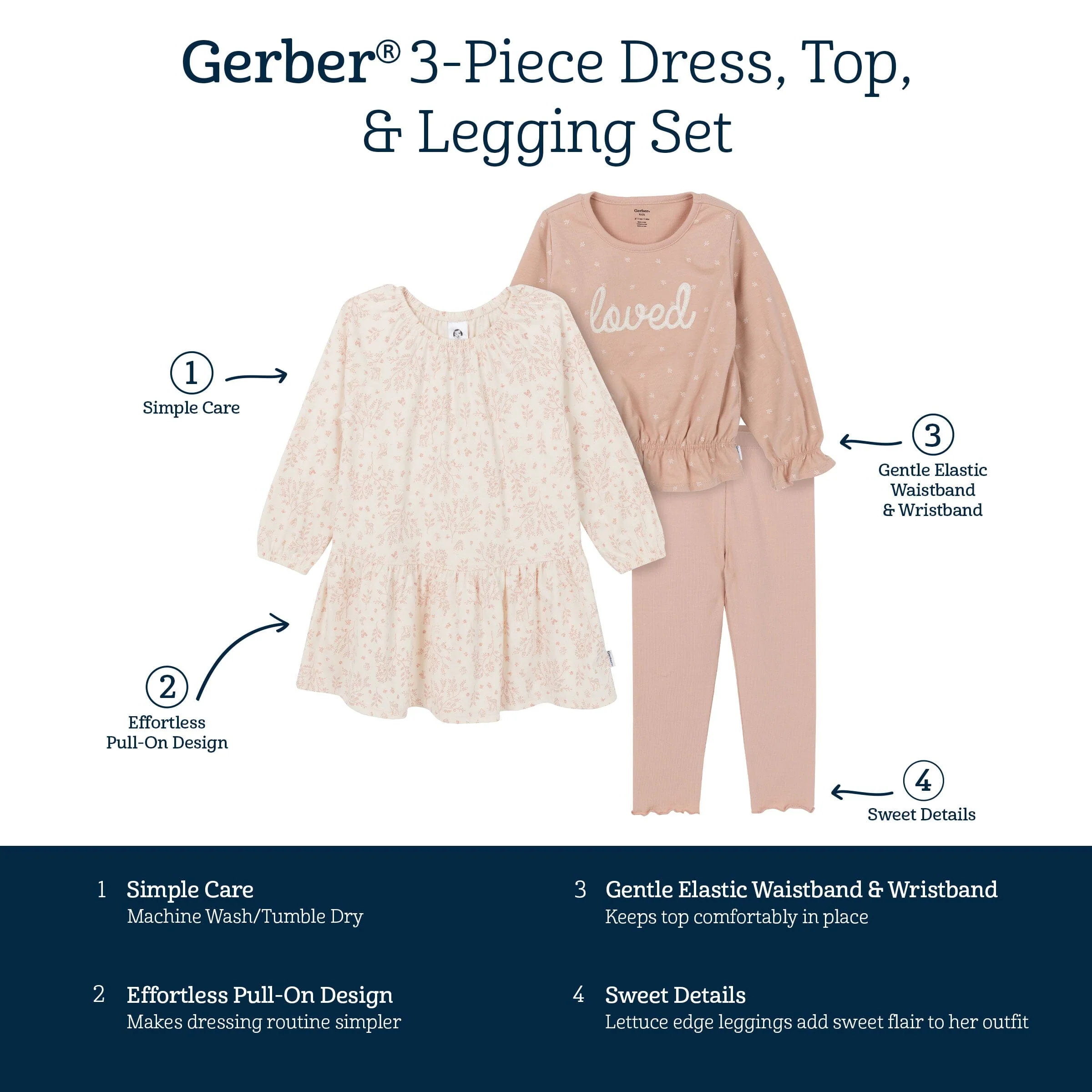 3-Piece Toddler Girls Tan Dress, Top and Legging - Image 7