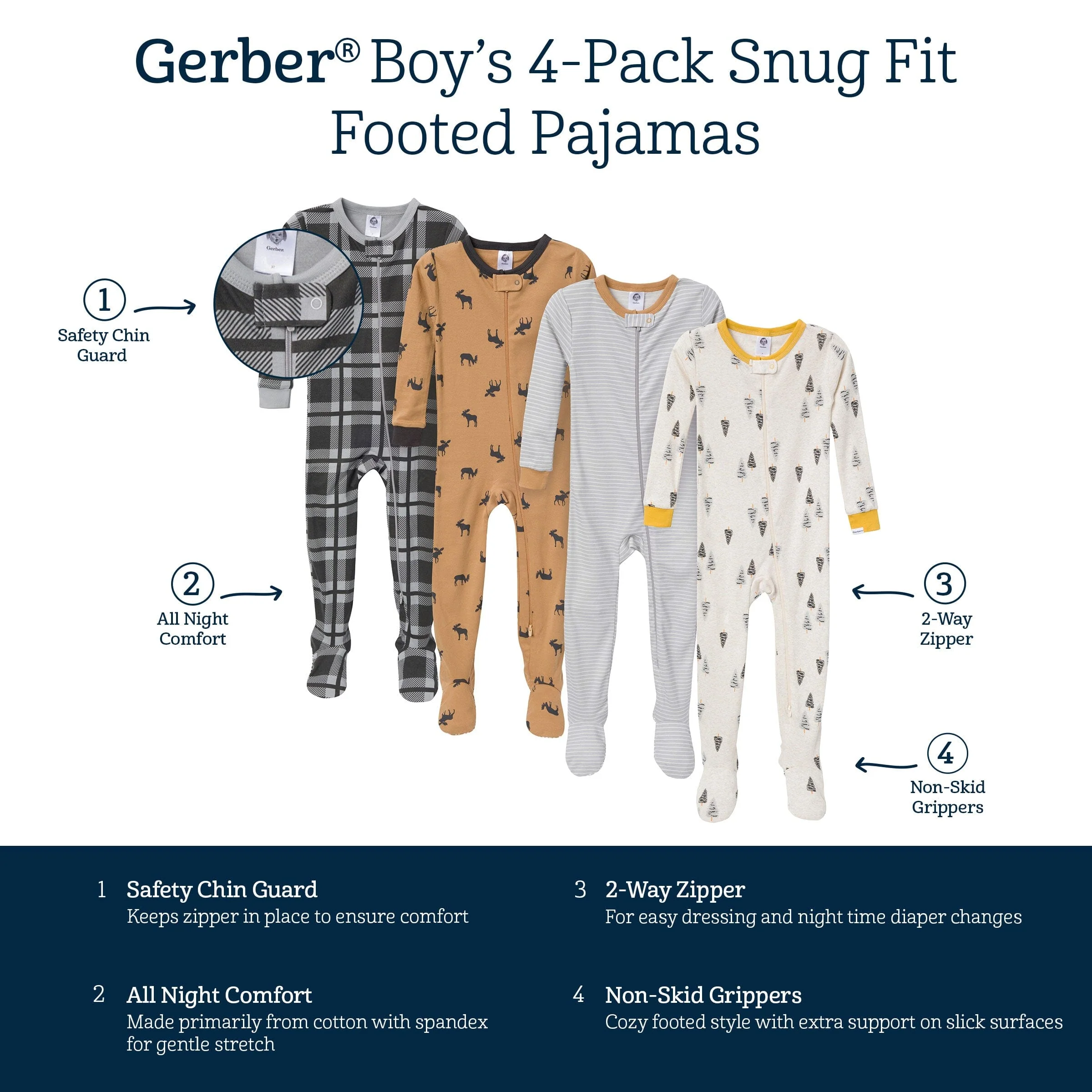 4-Pack Baby & Toddler Boys Moose Snug Fit Footed Pajamas - Image 7