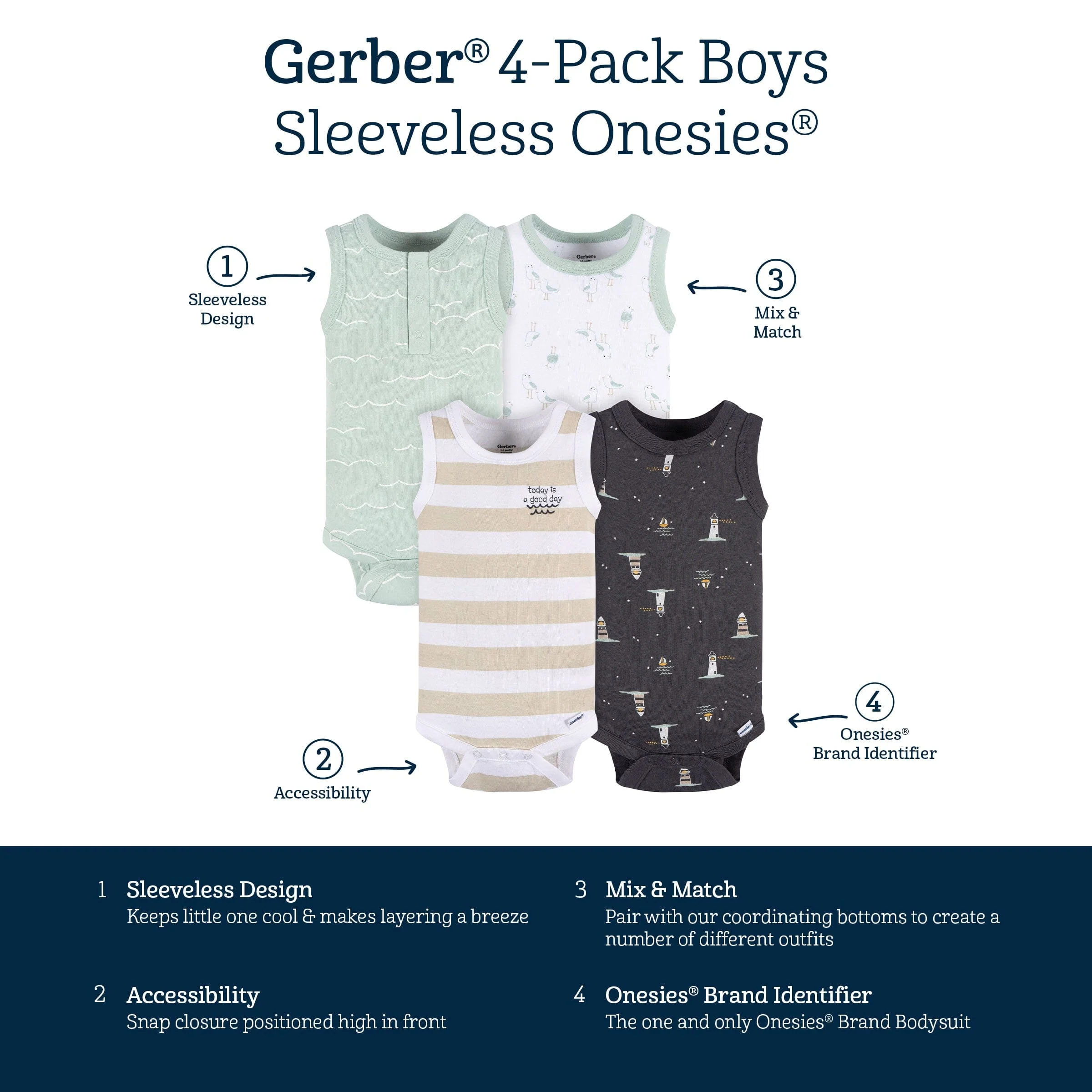 4-Pack Baby Boys Coastal Sleeveless Onesies® Bodysuits - Image 7