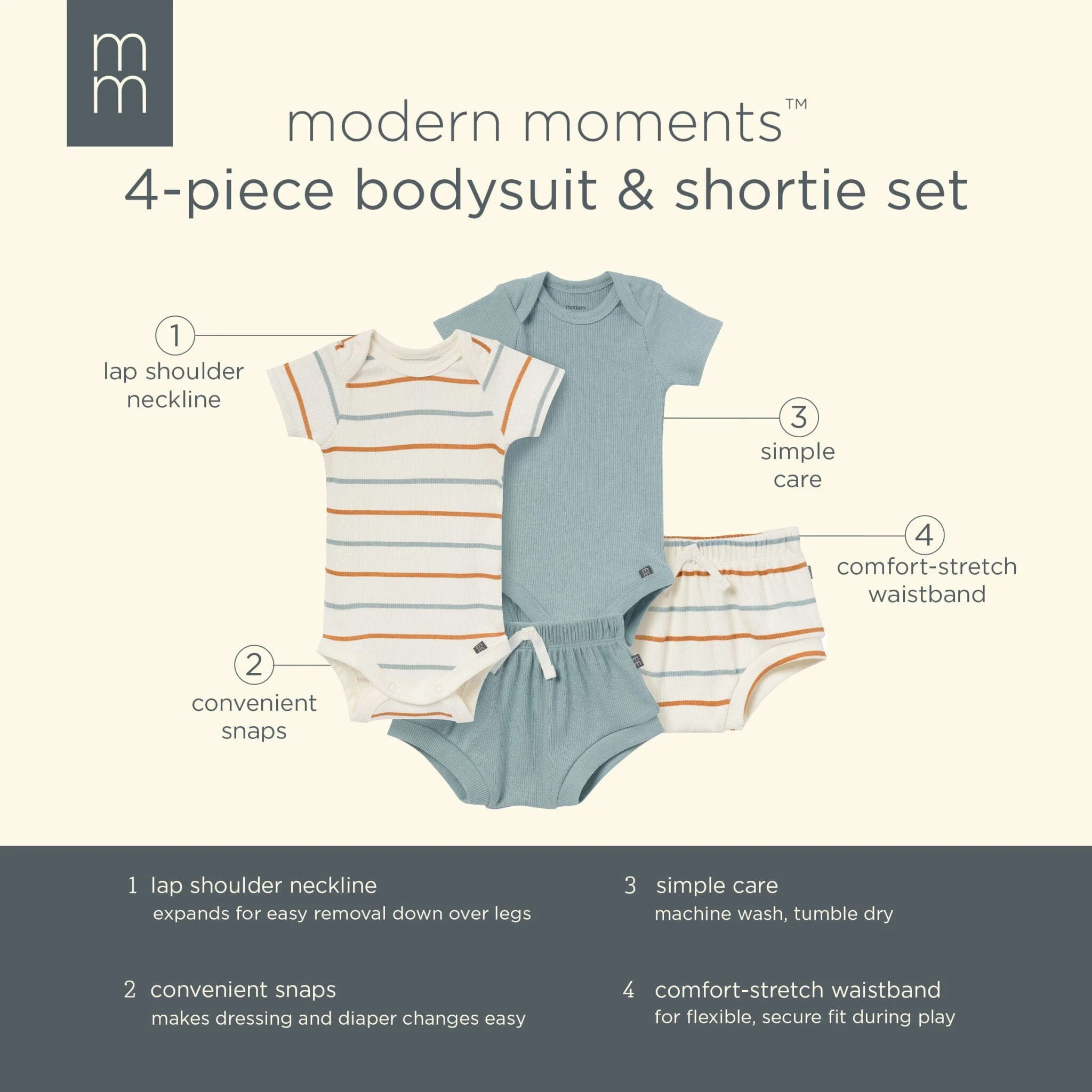 4-Piece Baby Boys Ivory Stripe Short Sleeve Bodysuits and Shorts Set - Image 11