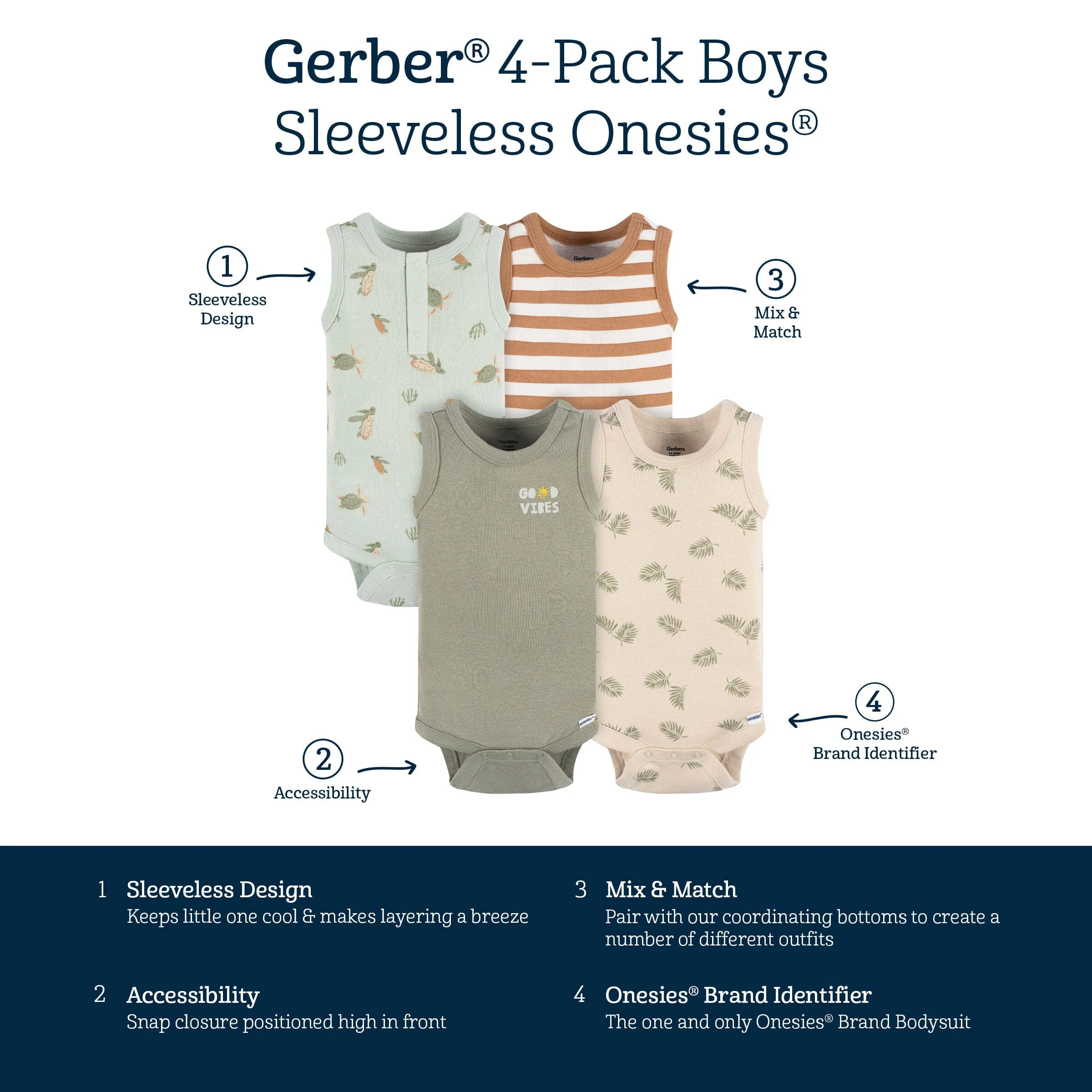 4-Pack Baby Boys Sea Turtles Sleeveless Onesies® Bodysuits - Image 8