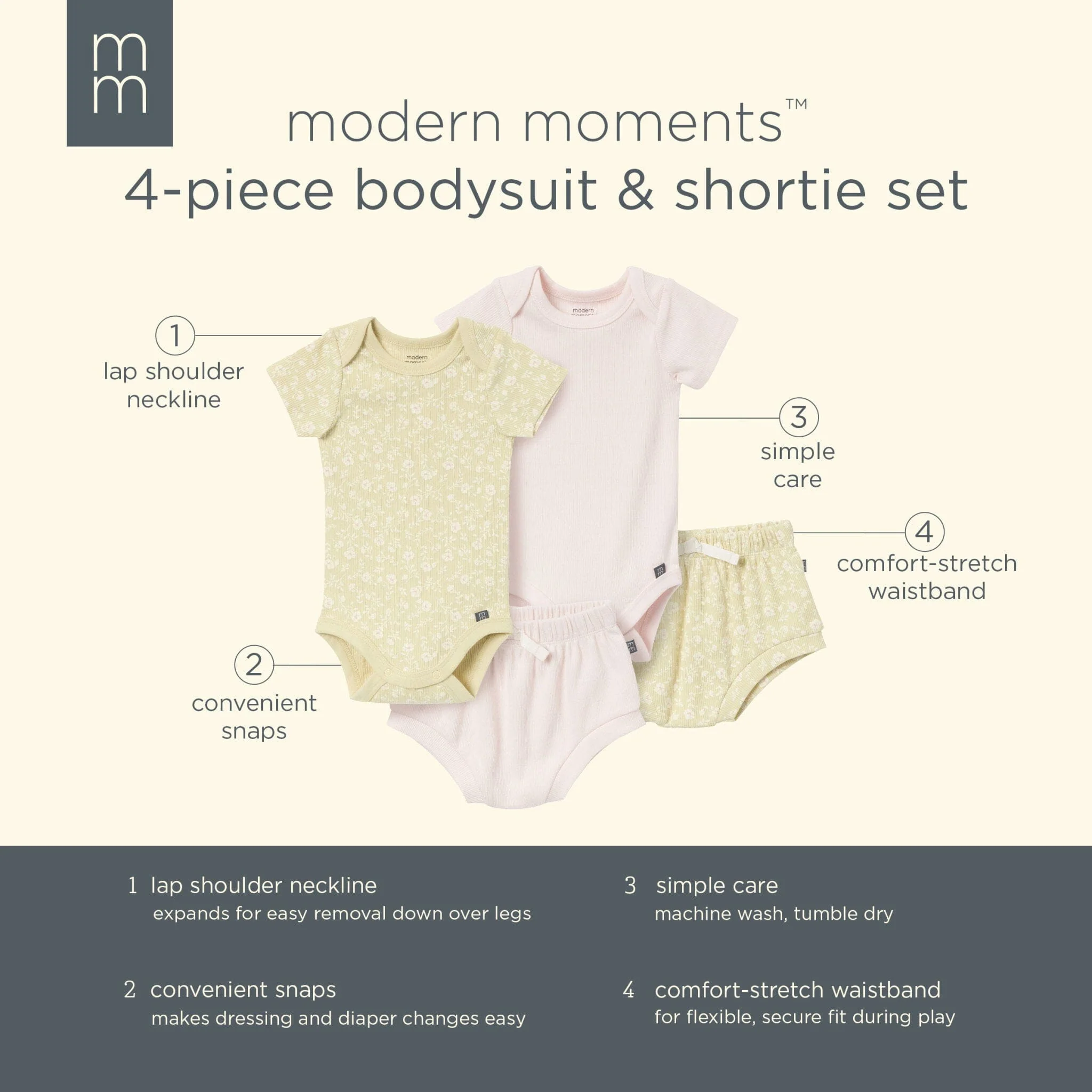 4-Piece Baby Girls Dusty Yellow Floral Short Sleeve Bodysuits and Shorts Set - Image 11