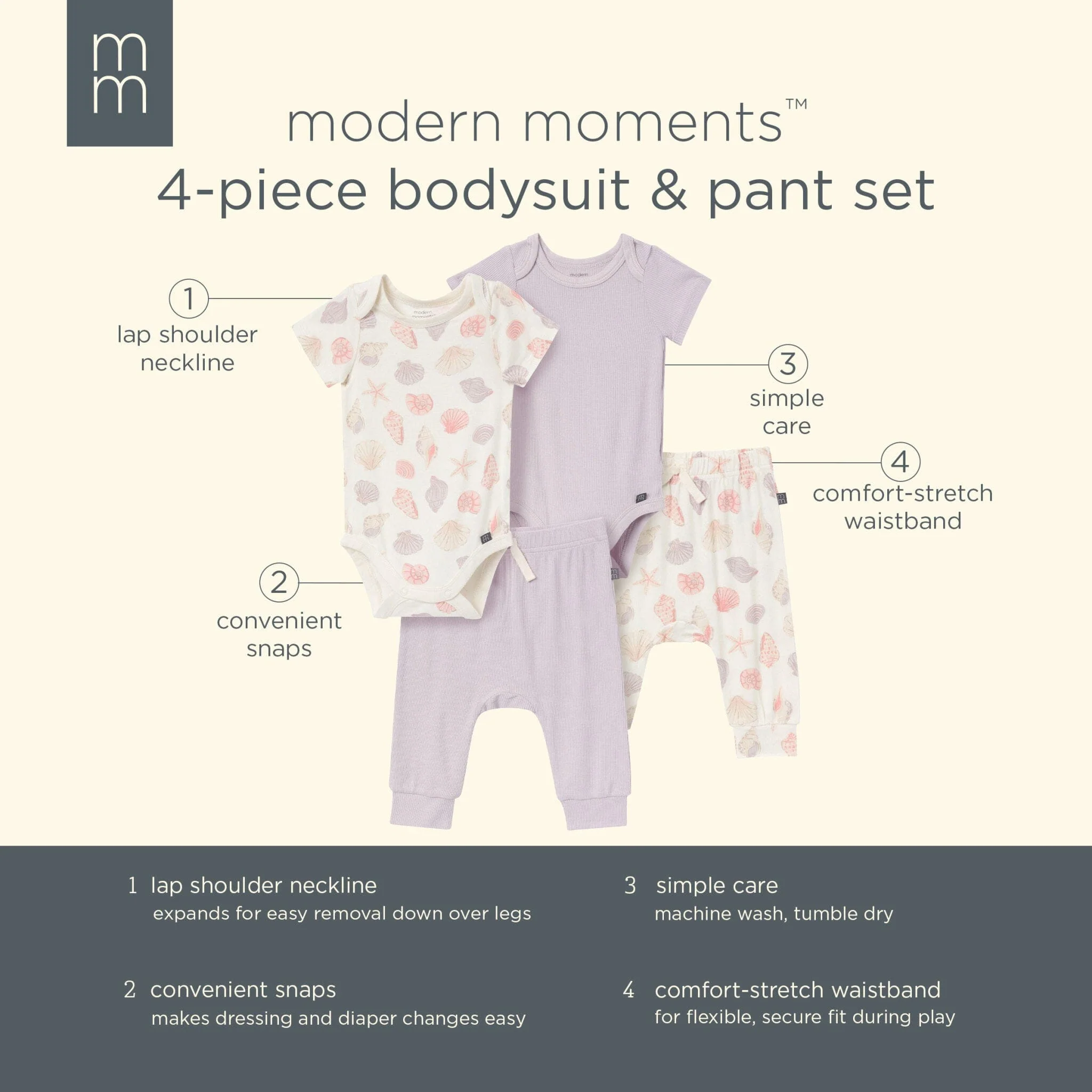 4-Piece Baby Girls Ivory Seashells Viscose Bodysuits and Pants Set - Image 11