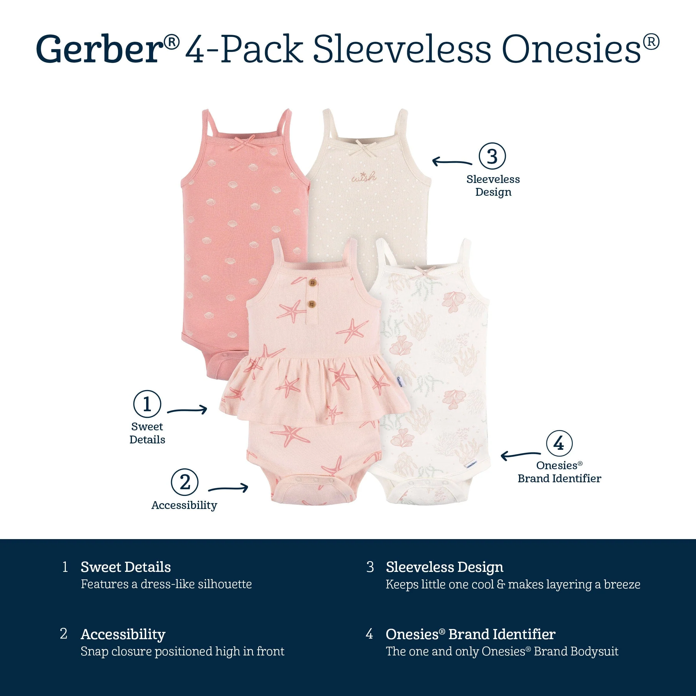 4-Pack Baby Girls Starfish Sleeveless Onesies® Bodysuits - Image 7