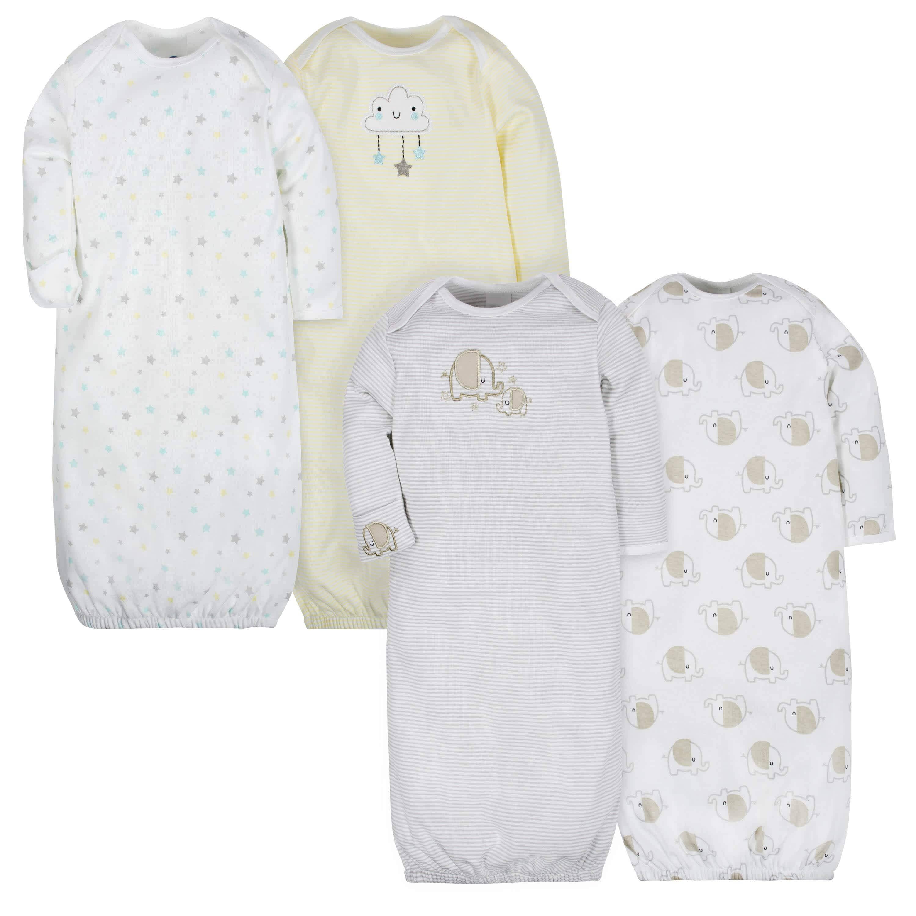4-Pack Clouds & Elephants Baby Neutral Gowns