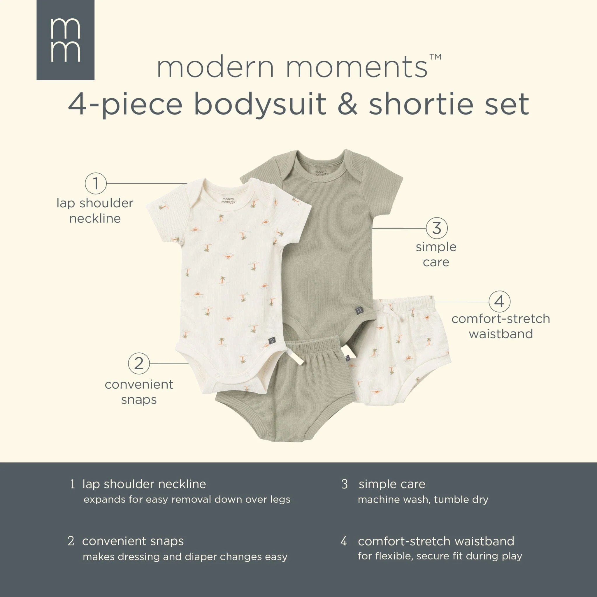 4-Piece Baby Neutral Ivory Mini Island Short Sleeve Bodysuits and Shorts Set - Image 11