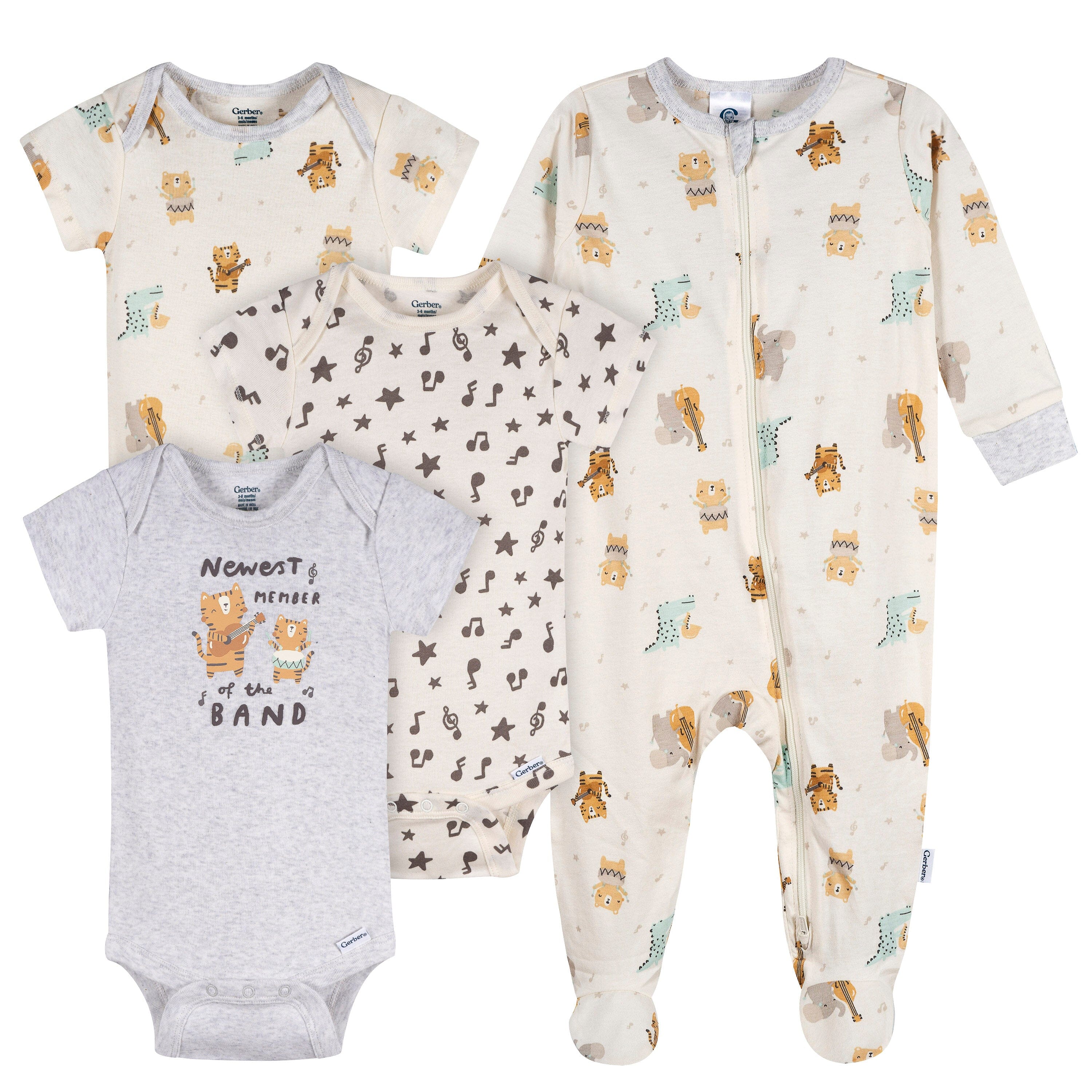 4-Pack Baby Neutral Musical Animals Onesies® Bodysuits and Sleep 'N Play