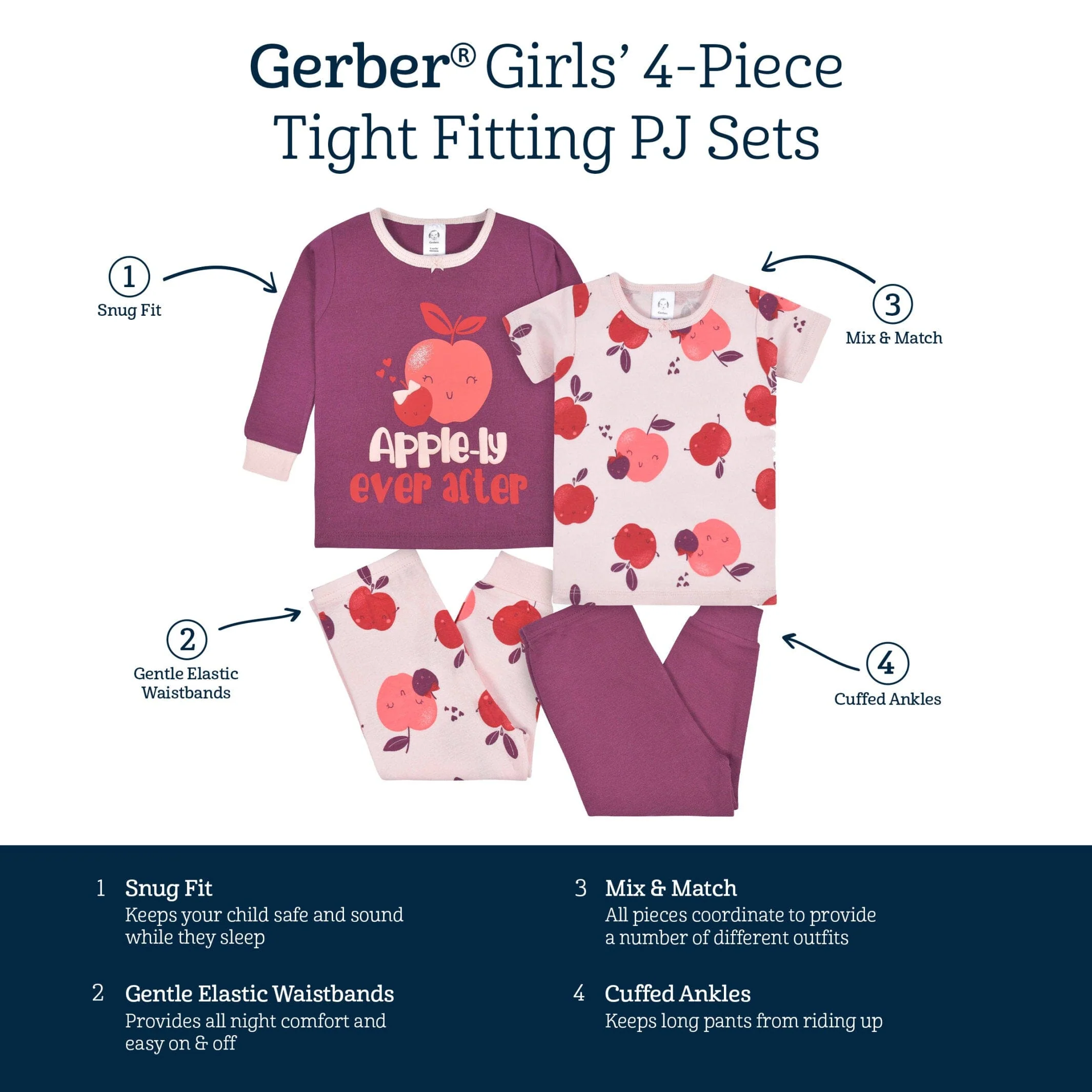 4-Piece Infant & Toddler Girls Apple Bouquets Snug Fit Cotton Pajamas - Image 10