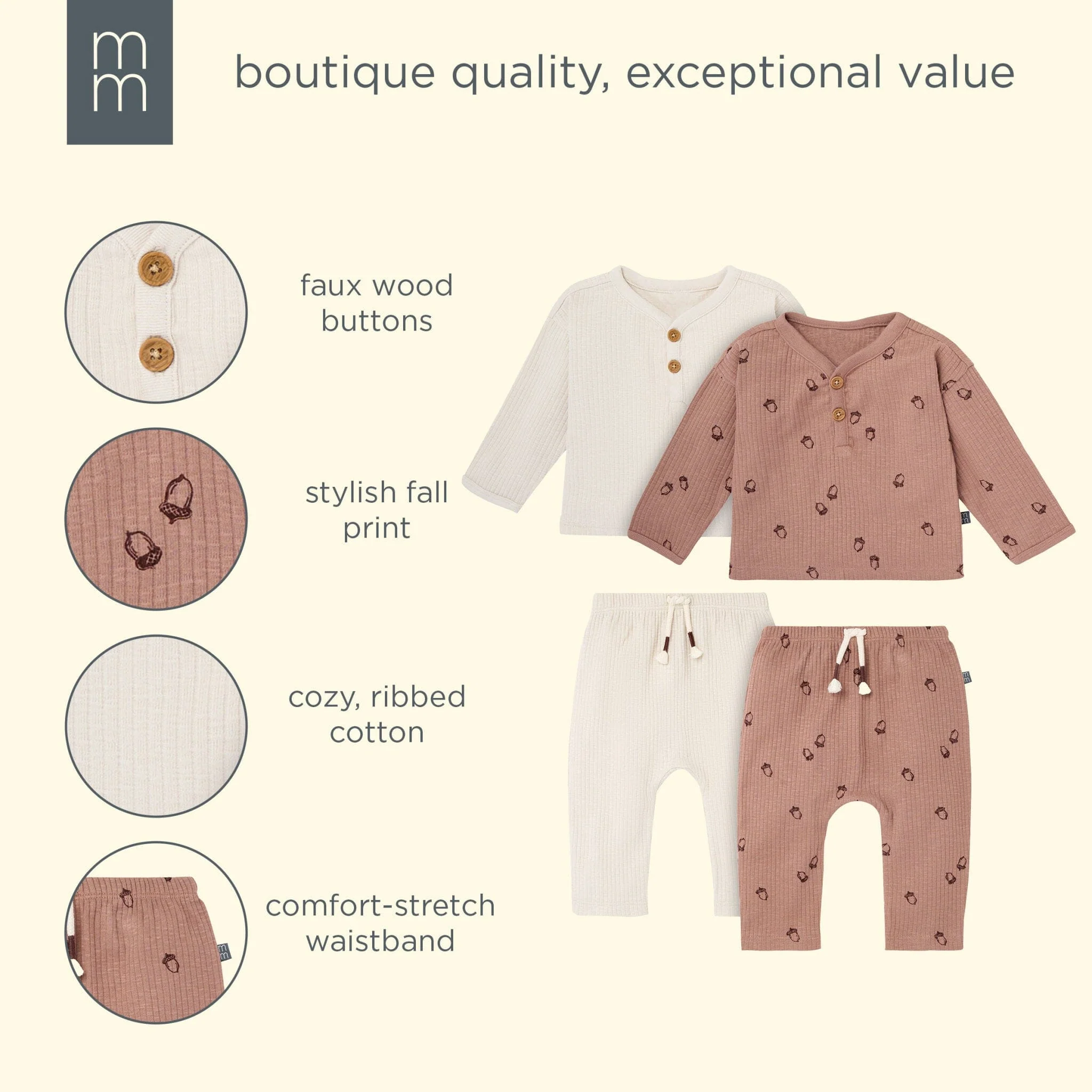 4-Piece Baby Boys Acorns Henley Tops and Pants Set - Image 10