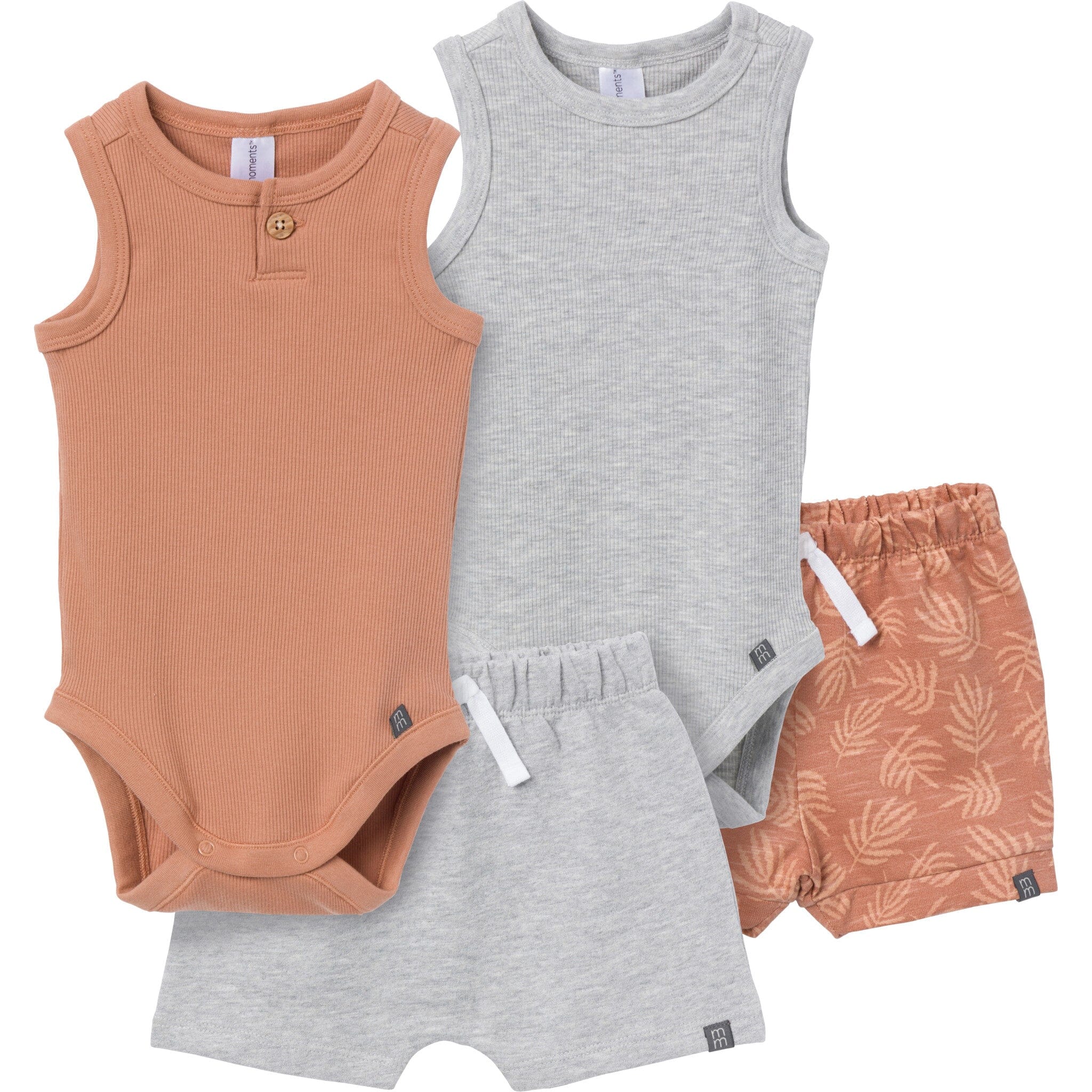 4-Piece Baby Boys Brown/ Med Grey Heather Bodysuit and Short Set