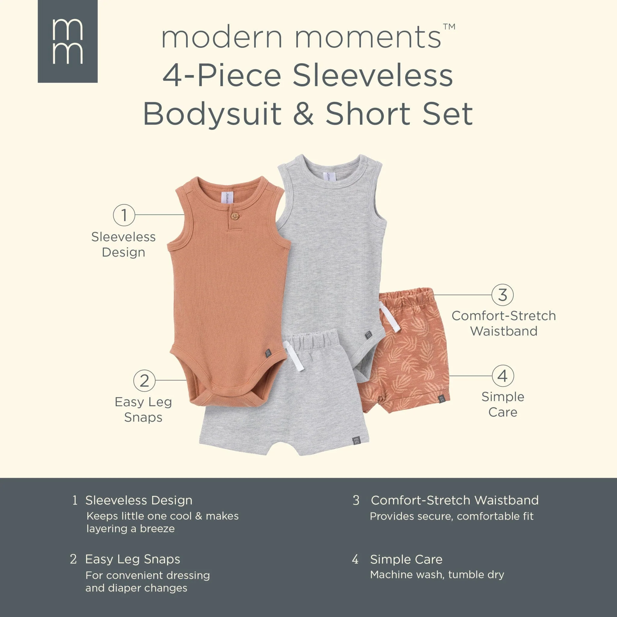 4-Piece Baby Boys Brown/ Med Grey Heather Bodysuit and Short Set - Image 10
