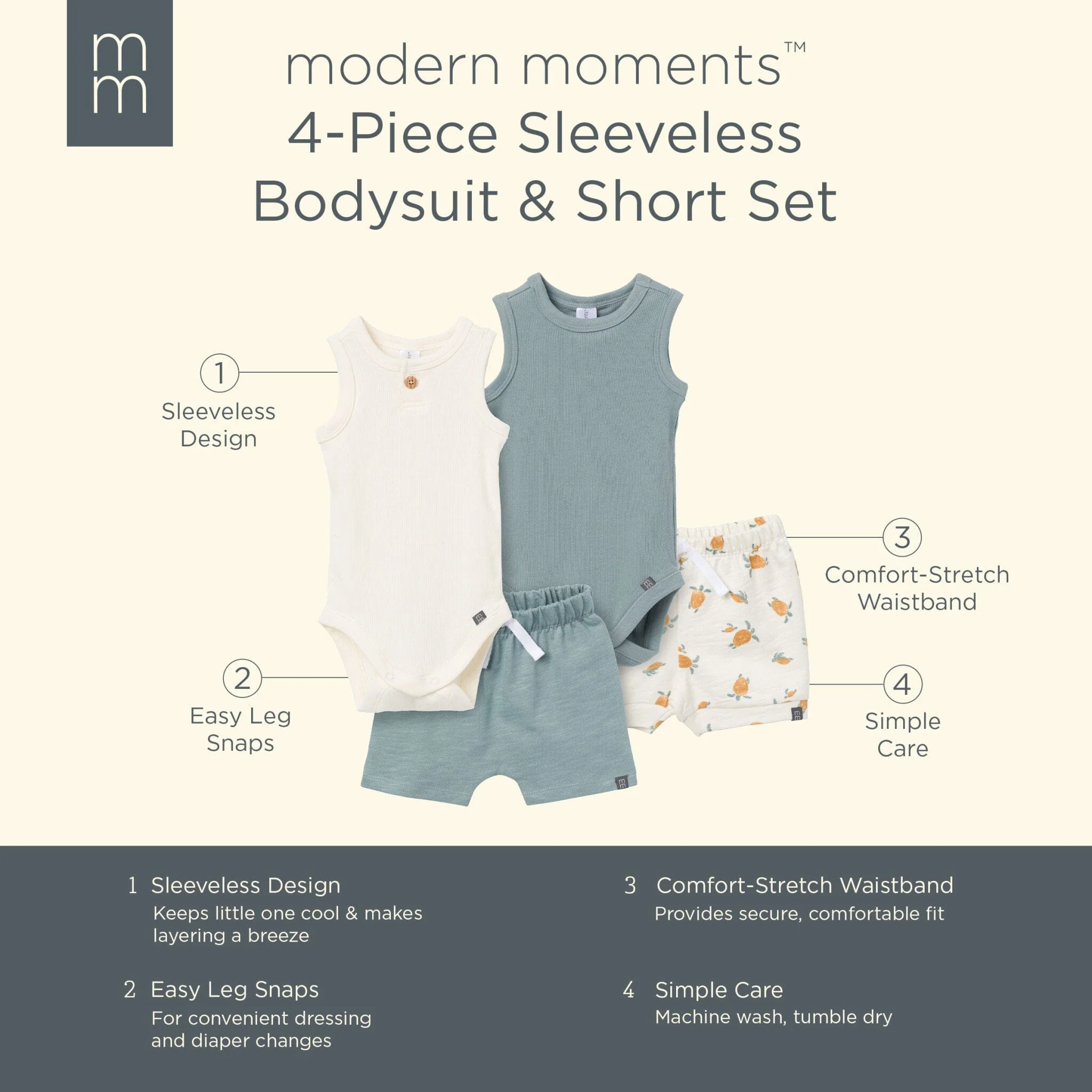 4-Piece Baby Boys Cream & Teal Bodysuits and Shorts Set - Image 8