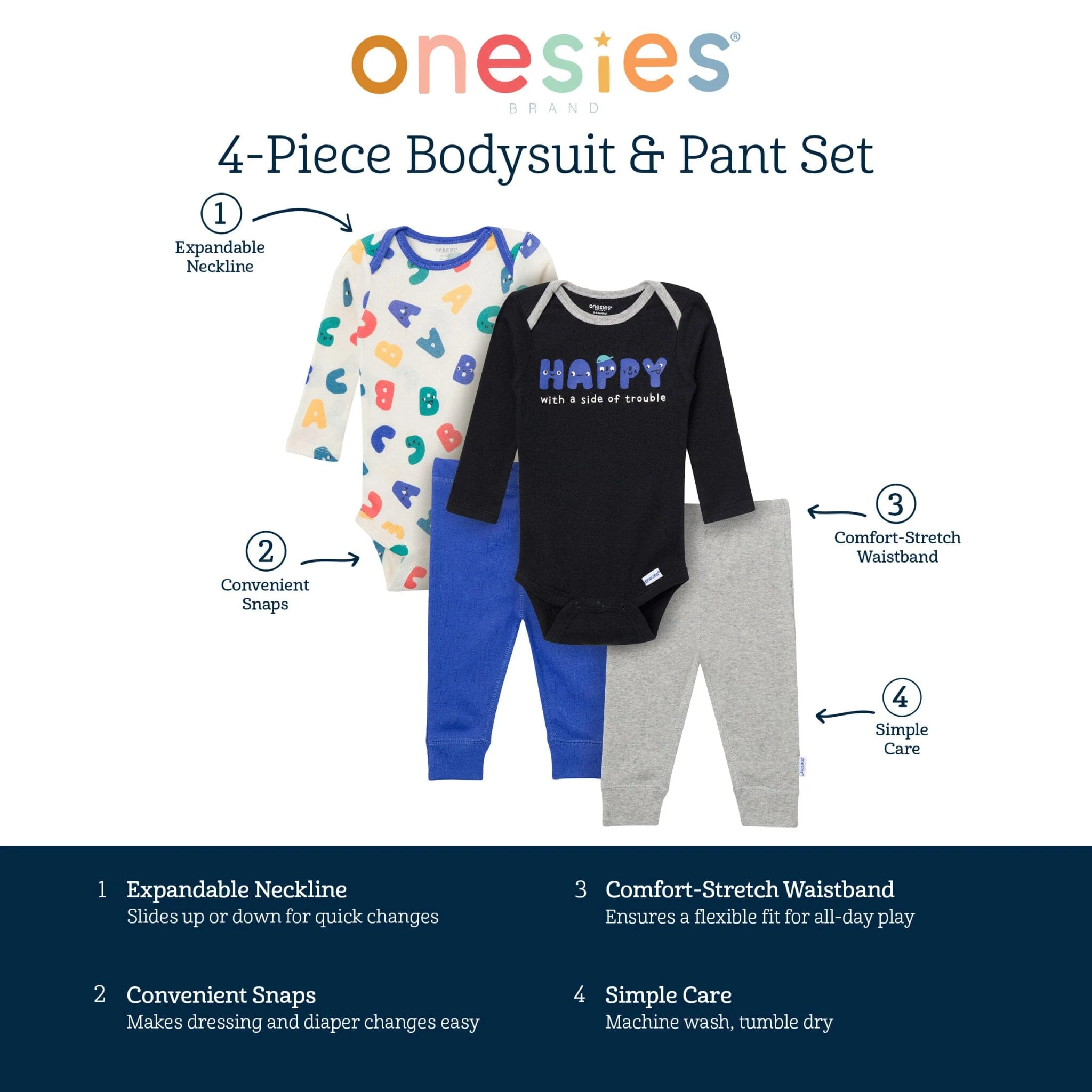 4-Piece Baby Boys Happy Letters Onesies® Bodysuits and Pants - Image 6